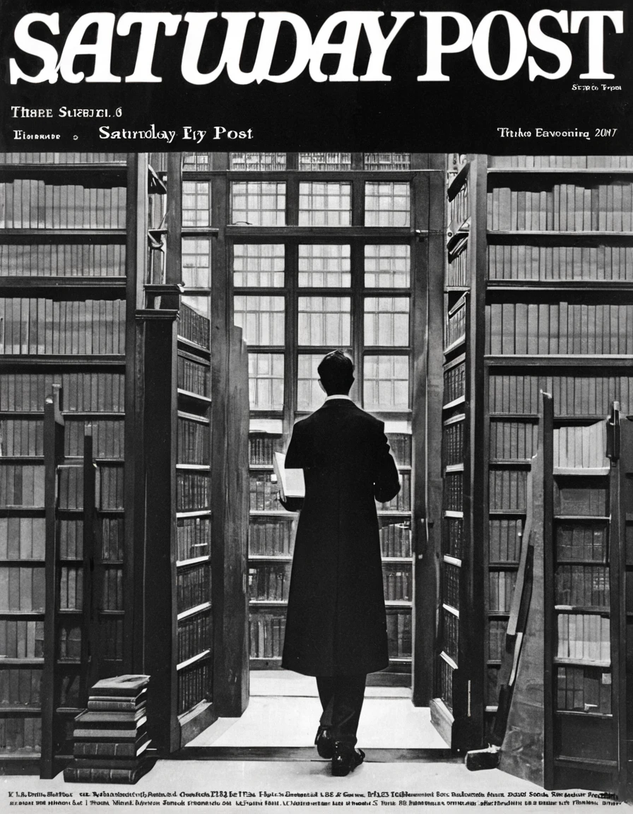 score_9,score_8_up,score_7_up, SEP_Post_BW, cover20s, a cover for the saturday evening post featuring books in a library, <lora:Saturday_Evening_Post:1>