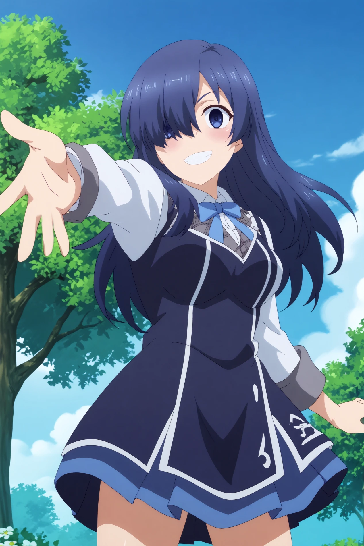  ayase ayatsuji,1girl,solo,long hair,weapon,breasts,school uniform,skirt,hair over one eye,purple eyes,blue hair,long sleeves,nanamori school uniform,reaching BREAK outdoors,medieval school,blue sky,flower,sunshine    <lora:Ayase_Ayatsuji_-_Rakudai_Kishi_no_Eiyuutan.safetensors:0.8> <lora:detailed_backgrounds_v2.safetensors:0.5>