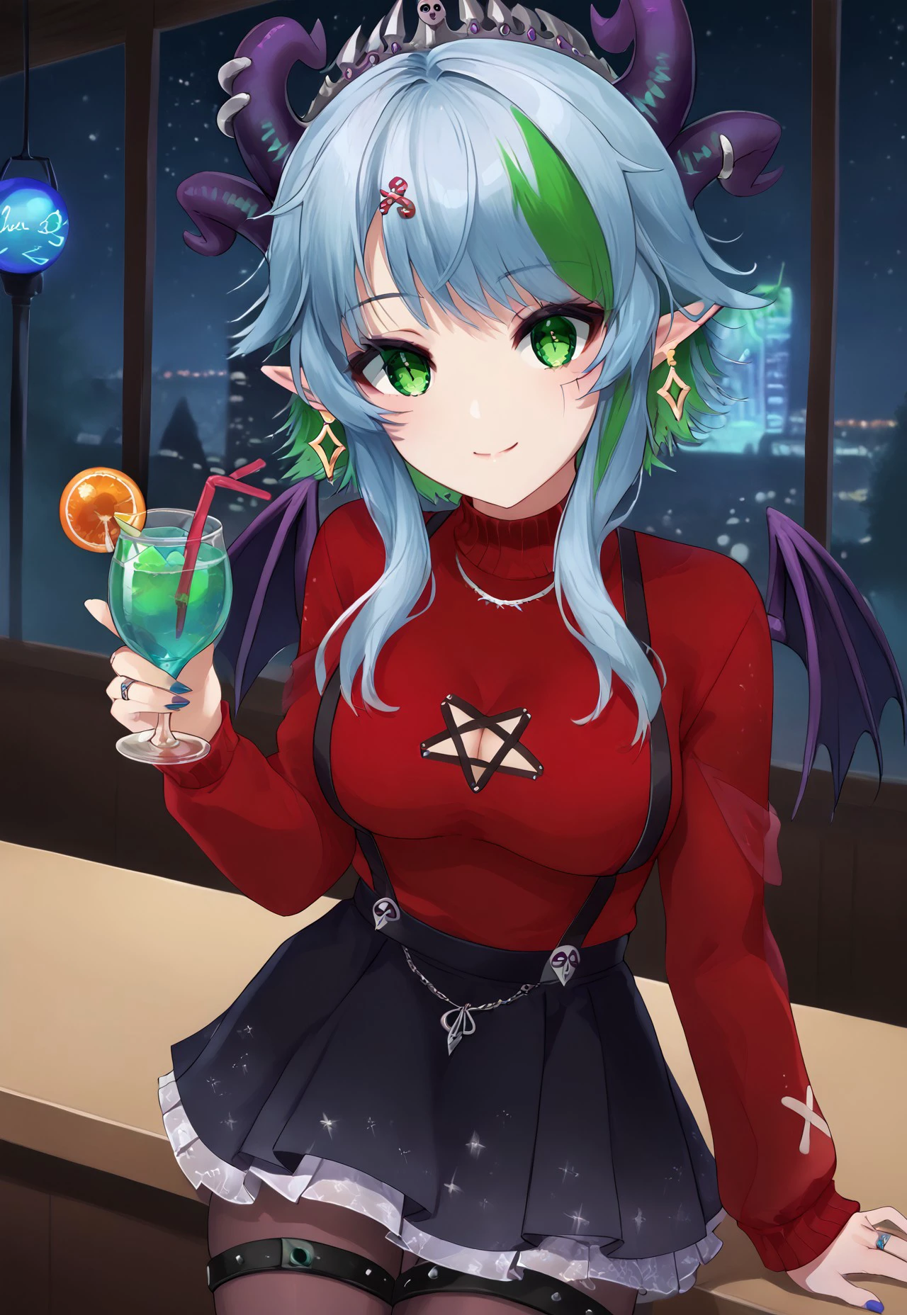 safe_pos, 1girl, solo, solo focus, highres, absurdres, FrootWinter, green hair, multicolored hair, pointy ears, green eyes, multiple horns, demon horns, bangs, short hair with long locks, earrings, streaked hair, blue hair, hair ornament,

demon wings, red sweater, cleavage cutout, clothing cutout, cleavage, black skirt, pantyhose, thigh strap, ring,

looking at viewer, smile, closed mouth, head tilt, holding cup, cocktail, hand up,
 
bar, neon lights, stage lights, glowstick, disco ball, night, night sky, dark,