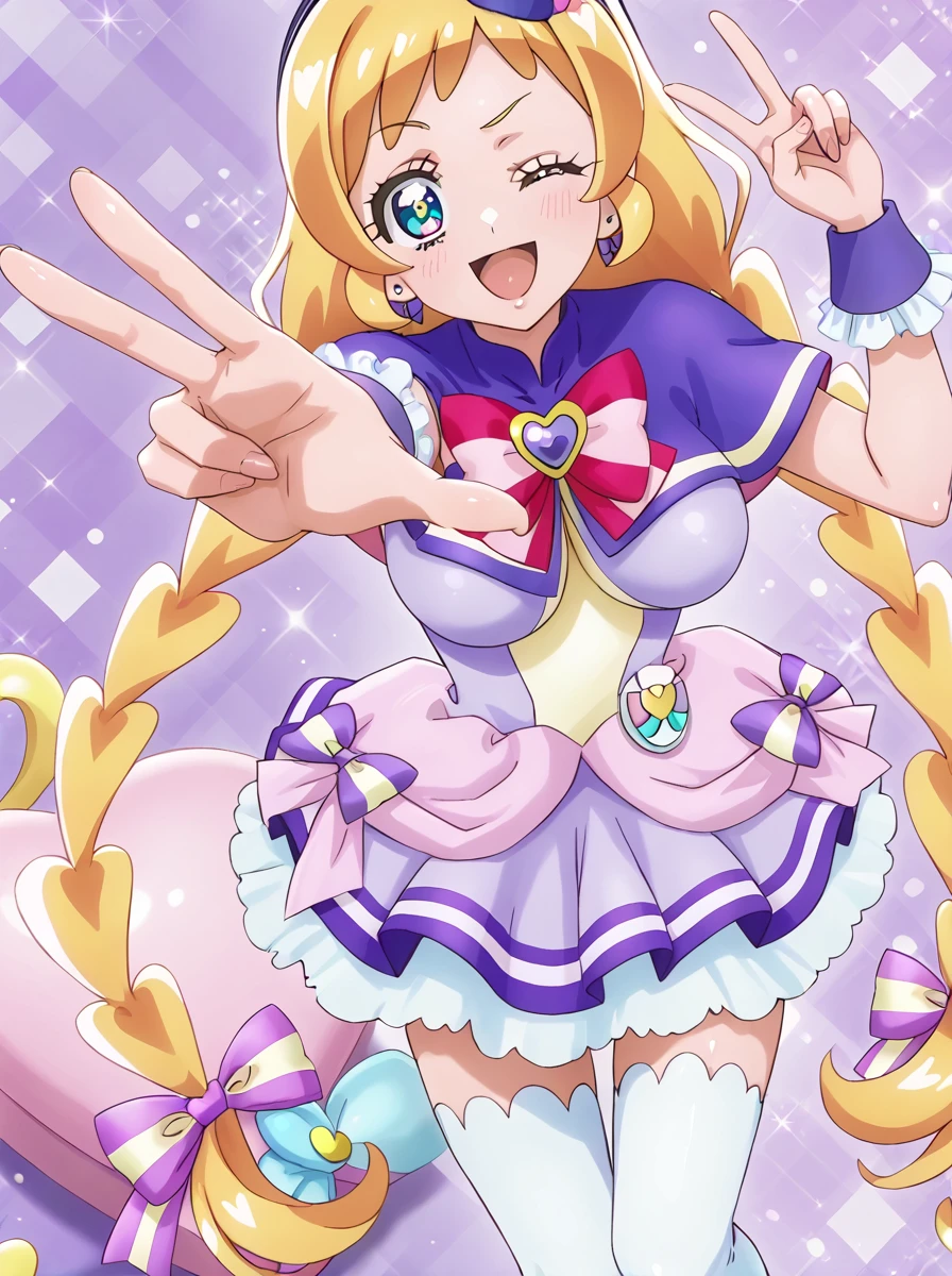 detailed background, shiny skin, posing,
<lora:curefriendy.pony:1.0>,
curefriendy,
large breasts, wide hips,
naughty face, one eye closed, v, w,