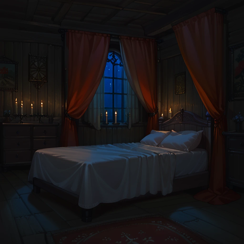 score_9, score_8_up, score_7_up,source_anime, <lora:Medieval_brothel:1> medieval_brothel, (dim light:1.4), bedroom, canopy bed, wooden floor, wooden wall, candle, night, red curtains, carpet, window,