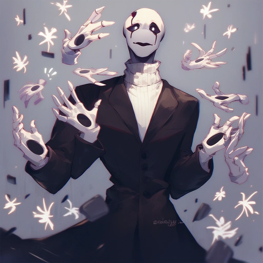 Gaster, 1boy, solo, black eyes, white pupils, lines over eyes, black coat, white sweater, sweater, turtleneck, turtleneck sweater, floating hands, extra hands, holes in palms, score_9, score_8_up, score_7_up