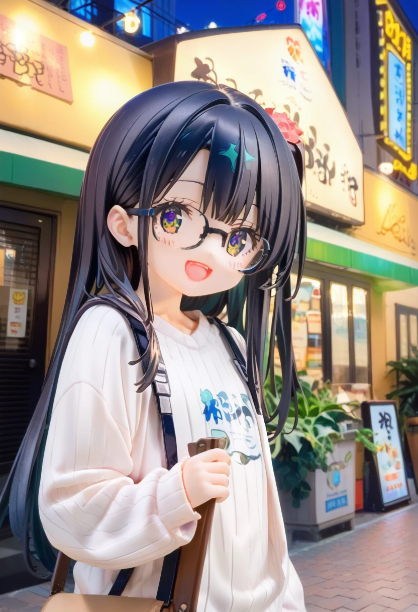 score_9, score_8_up, score_7_up, rating_safe, masterpiece, best quality, absurdres, unity 8k wallpaper, official art, official style, source_anime, uncensored, game cg, megami magazine,
1girl, solo, glasses, black hair, long hair, white ribbed sweater, happy, smile, looking at viewer, open mouth, solo focus, 
dai1asahi, storefront, outdoors, building, night, sign, real world location, city, tree, lamppost, road, plant, street, night sky, power lines, cityscape, neon lights, 
 <lora:daiichiasahi_sannomiya_pony_V1:1>