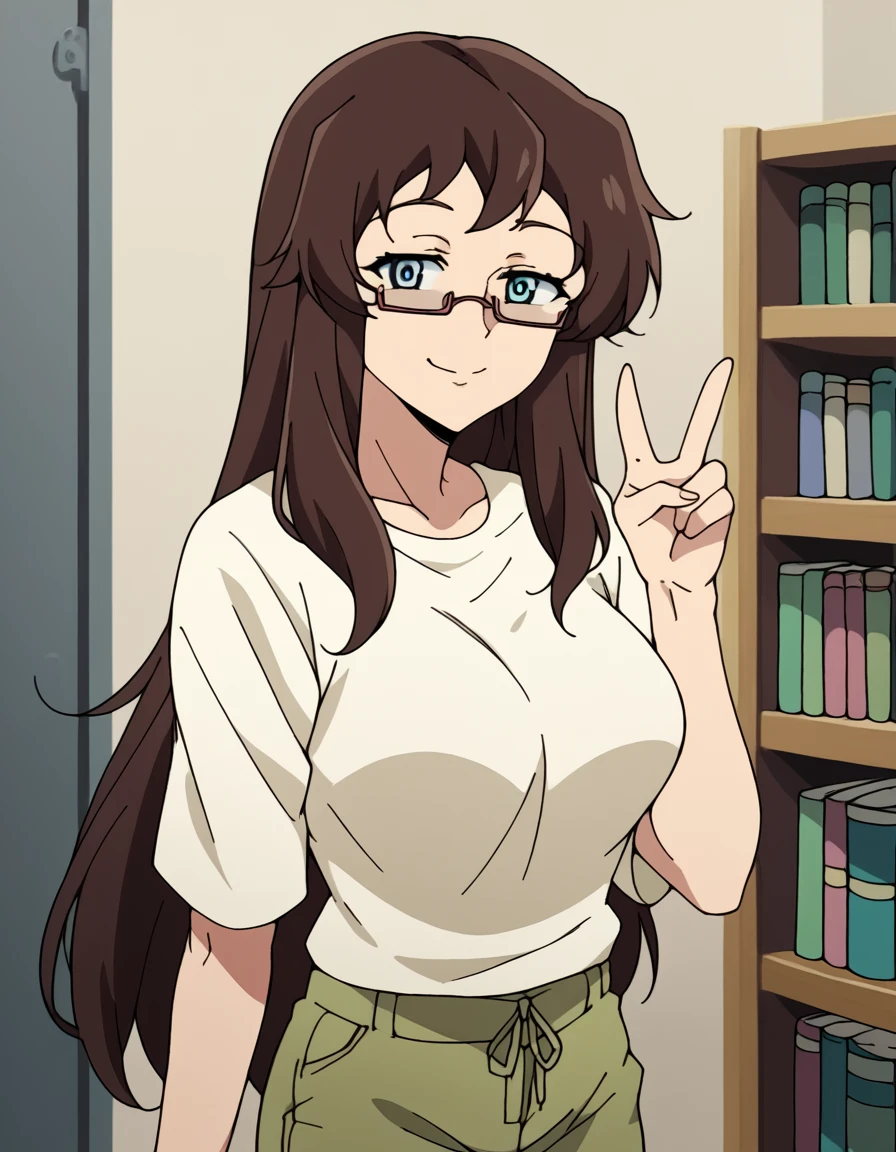 score_9, score_8_up, score_7_up, source_anime, <lora:rea-amano-s1-ponyxl-lora-nochekaiser:1>, rea amano, long hair, blue eyes, brown hair, glasses, large breasts,, shirt, white shirt, shorts, green shorts, bookstore, browsing shelves, new book smell, finding a favorite, quiet atmosphere, , v, v over mouth, smug,, looking at viewer, solo,, dutch angle, cowboy shot