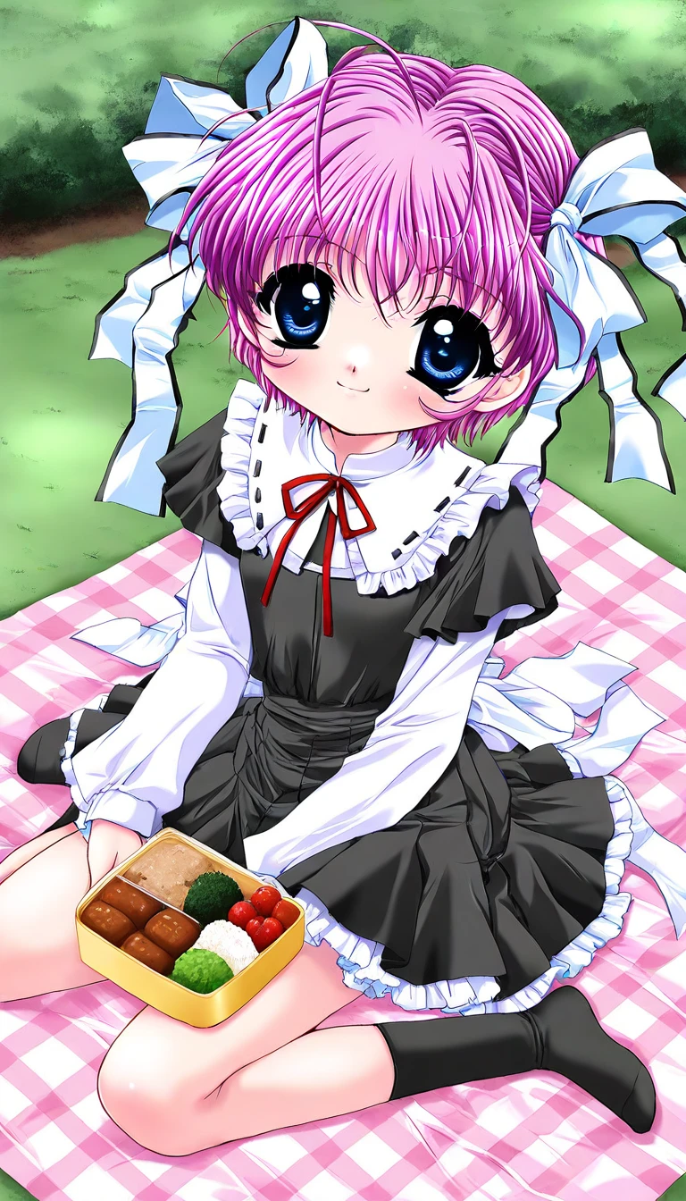 masterpiece, best quality, good quality, <lora:Kago_Noa_IS:1>KagoNoa, pink hair, purple hair, blue eyes, hair ribbon, white ribbon, short hair, short stack,
bento, food, ribbon, sitting, wariza, food art, long sleeves, smile, socks
smile,looking at viewer, cowboy_Shot,
outdoor, sky, picnic,