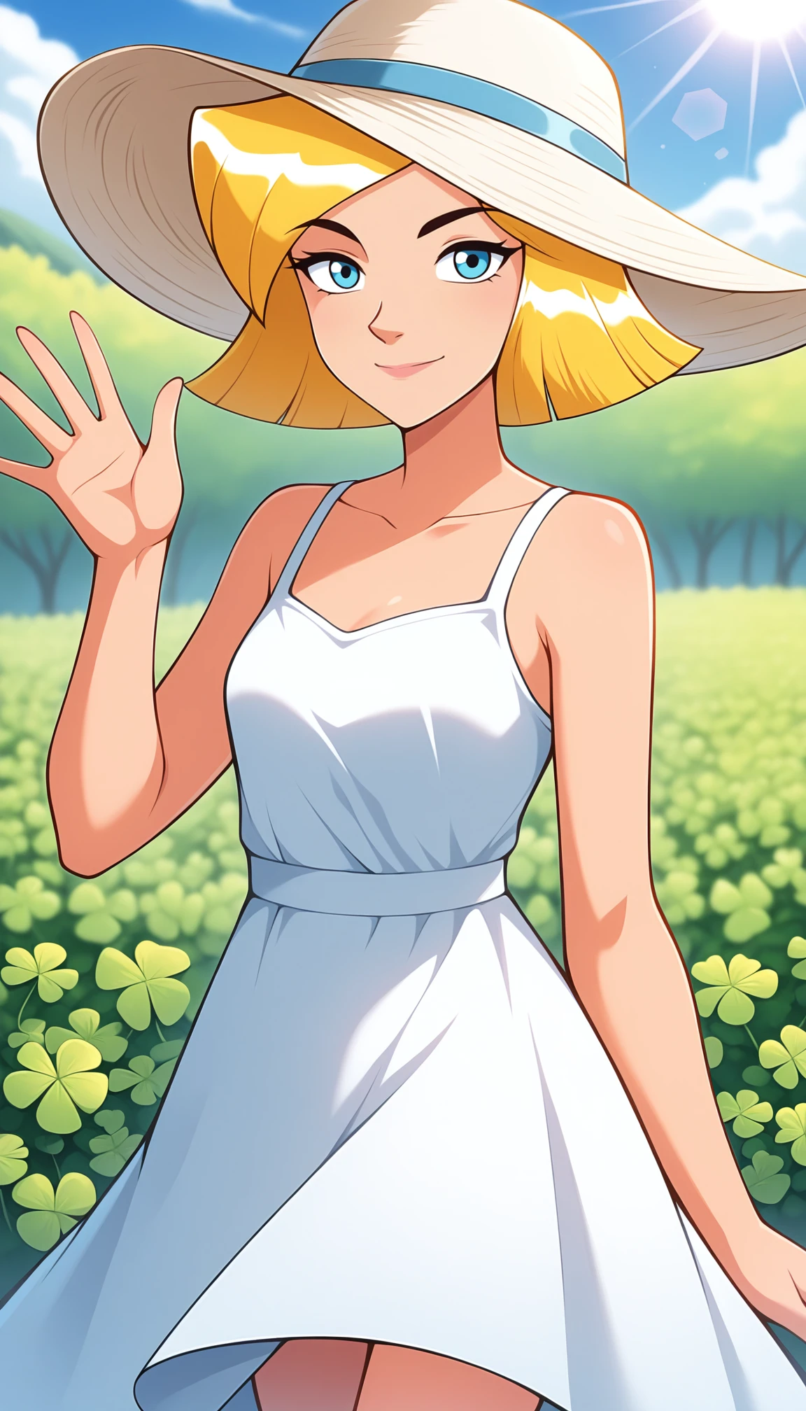 masterpiece, best quality, good quality, 1girl, clover \(totally spies\), short hair, blonde hair, blue eyes, sundress, sun hat, waving arm, looking at viewer, light smile, outdoors <lora:hskc-cloverts-illust-v0.5:1>