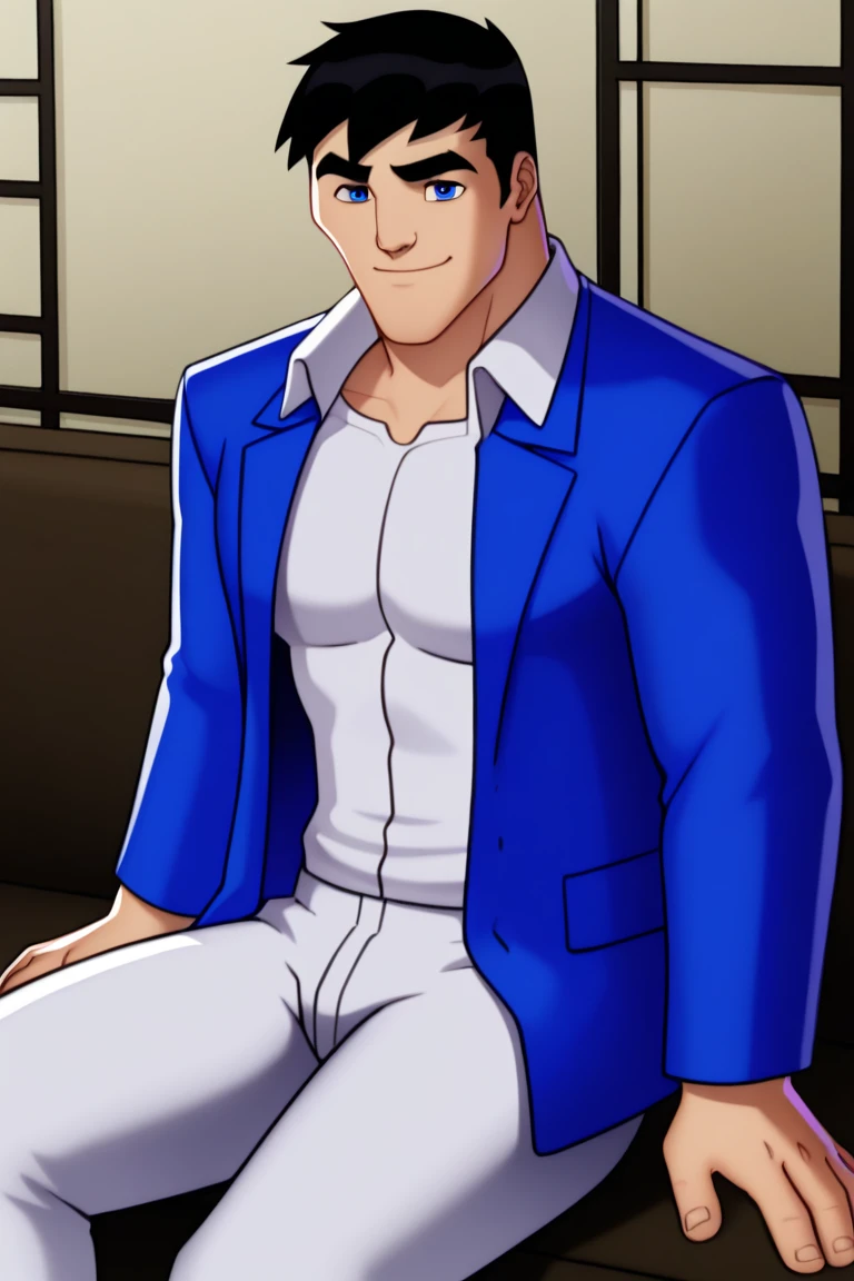 the_bruce, solo, smile, short hair, blue eyes, shirt, black hair, 1boy, closed mouth, jacket, white shirt, male focus, open clothes, collared shirt, indoors, thick eyebrows, blue jacket,white pants,sitting,smile