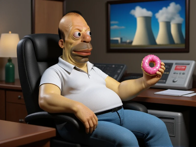 Homer is a man with a white shirt and a jeans. He's leaning back on a chair at the control center of a nuclear powerplant. He is facing the viewer and He is holding a donunts<lora:Homer:0.9>