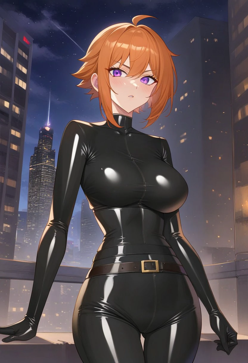 Masterpiece, High quality, anime, solo, 1girl, Oc, adult, tall, Agent spy woman, 1girl, tall, Short orange tomboy hair, Black skintight latex bodysuit, full Black skintight latex gloves, Purple eyes, Short Orange hair, Black Latex  skintight bodysuit, all black shiny latex suit, long zipper on center of suit, shiny Black latex skintight elbow gloves, shiny Black latex skintight thigh boots, gadget belt on waist, serious face expression, leaning on tall metal pole, night sky, city background