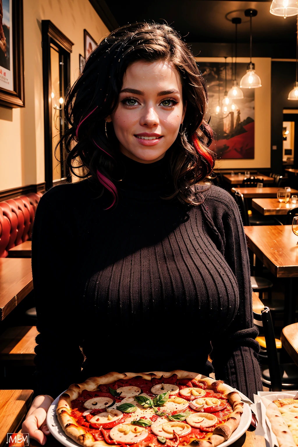 masterpiece, high resolution, cinematic, absurdres, photorealistic, realistic. portrait, peta, peta jensen, <lora:peta_jensen_LoRA_0.1-000004:1>, erotic smile, wavy long __natural-haircolors__ hair, wearing a __colours__ turtleneck jumper, large breasts, <lora:brmphFT15_p0-step00021000a:0.8>, brmph, at a pizzeria in Rome