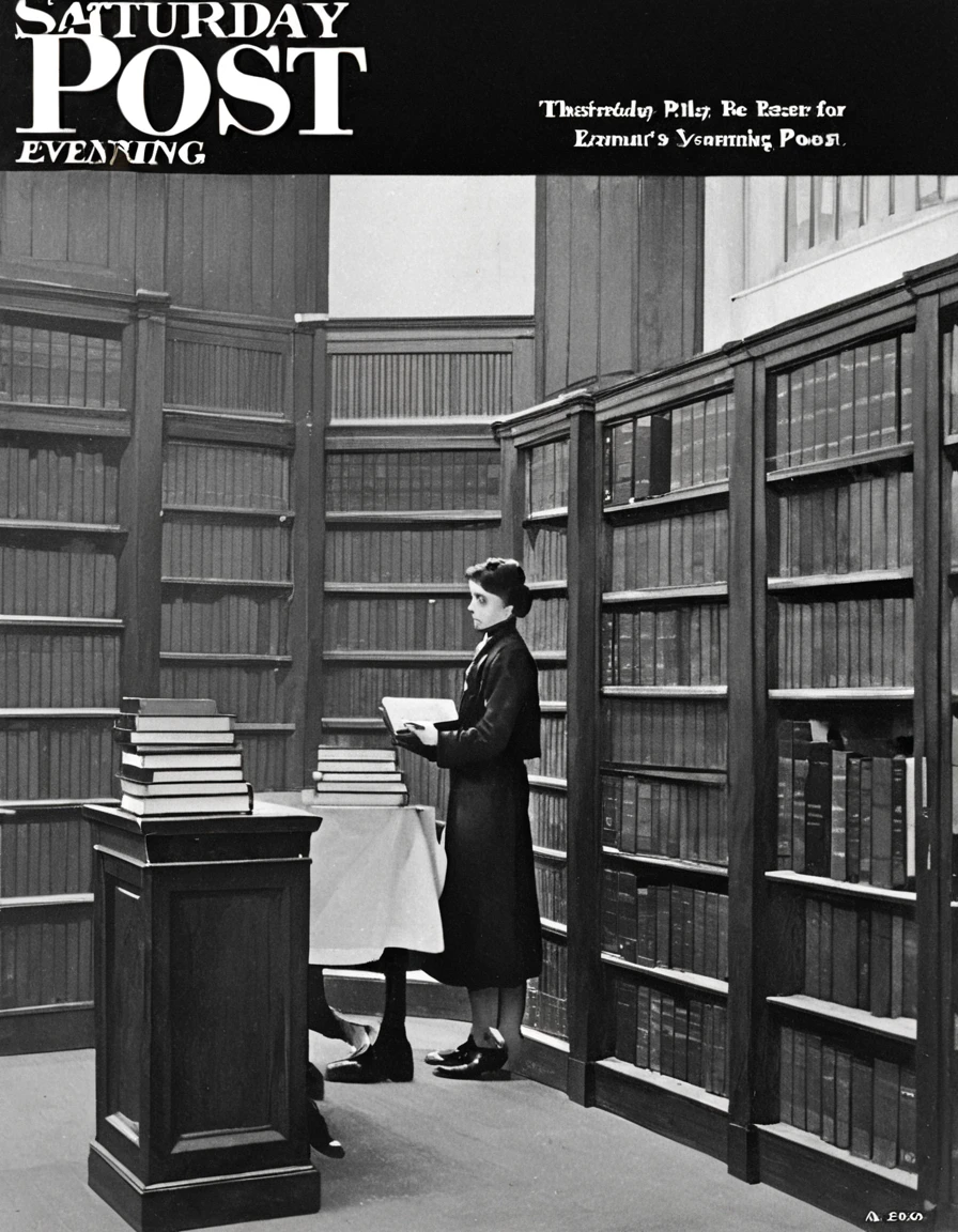 SEP_Post_BW, cover20s, a cover for the saturday evening post featuring books in a library, <lora:Saturday_Evening_Post:1>