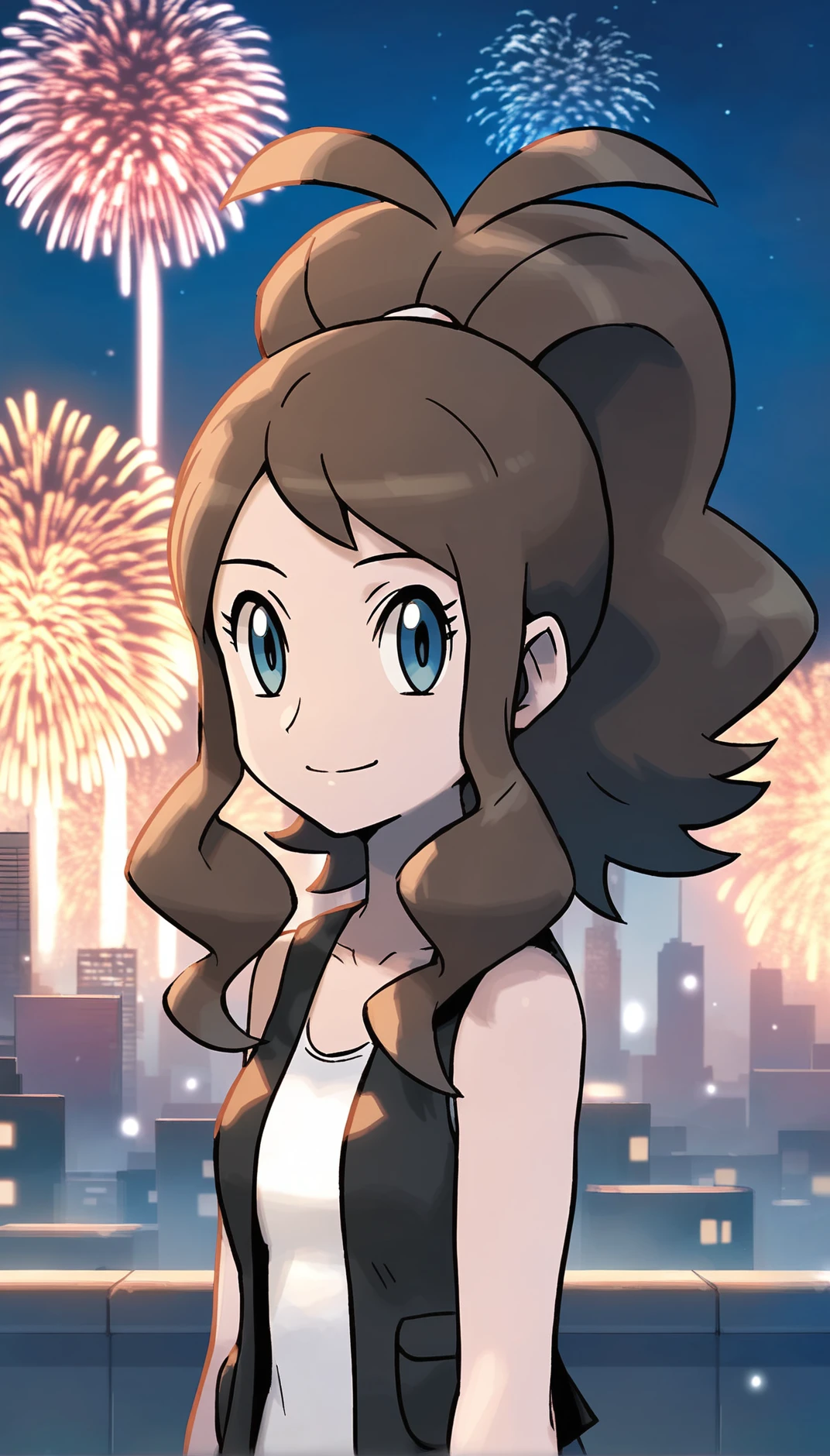 score_9,score_8_up,score_7_up,
<lora:hilda:0.9>,
bwhilda,
1girl,solo,
brown hair,high ponytail,hair tie,
looking at viewer,blue eyes,smile,
black vest,white tank top under the vest,
portrait,on roof top,
outdoors,city,skyscraper,len flare,lights particle,night,fog,rim light,starry sky,warm,fireworks,buildings,