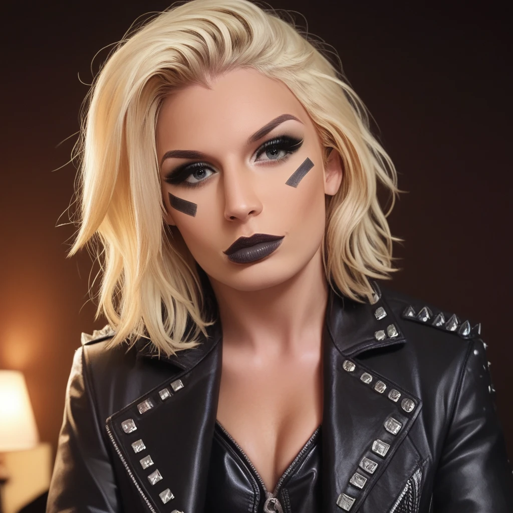 backlighting, depth of field, masterpiece, best quality,  score_9, score_8_up,  BREAK <lora:Pony_Toni_Storm:1>, t0nist0rm, 1girl, solo, blonde hair, medium hair, realistic, makeup, looking at viewer, lips, jacket, leather jacket, upper body, black lips, closed jacket, face paint