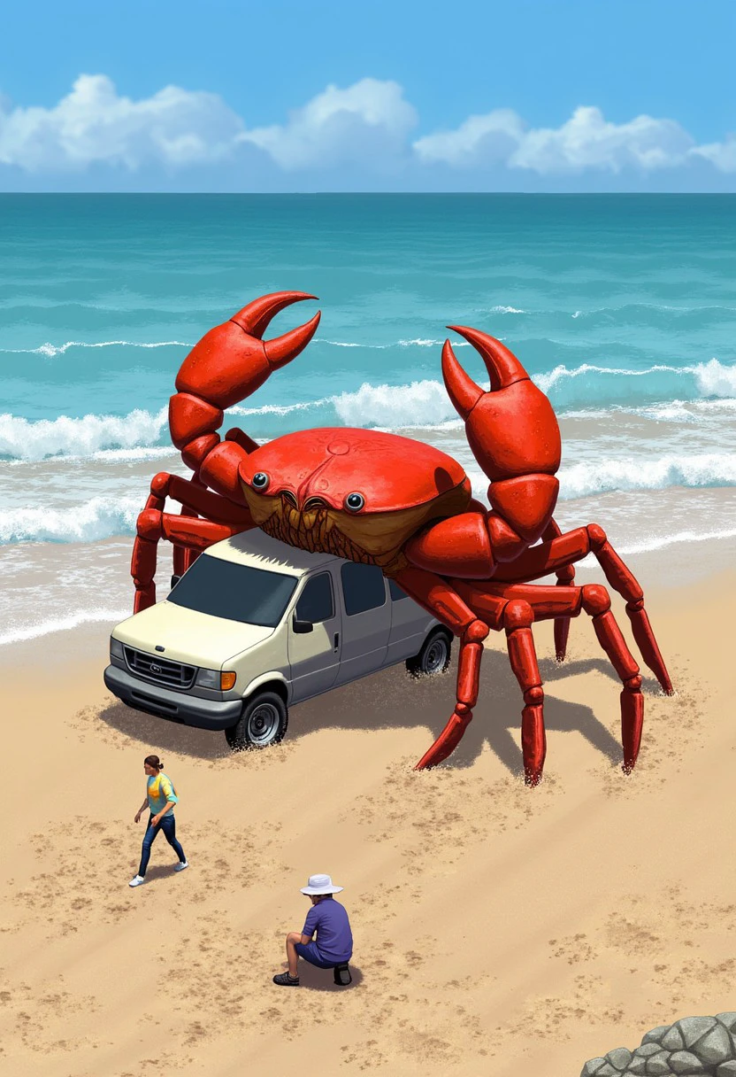 A digital painting made by Toye, This digital painting features a surreal, fantastical scene of a giant crab carrying a van at the beach