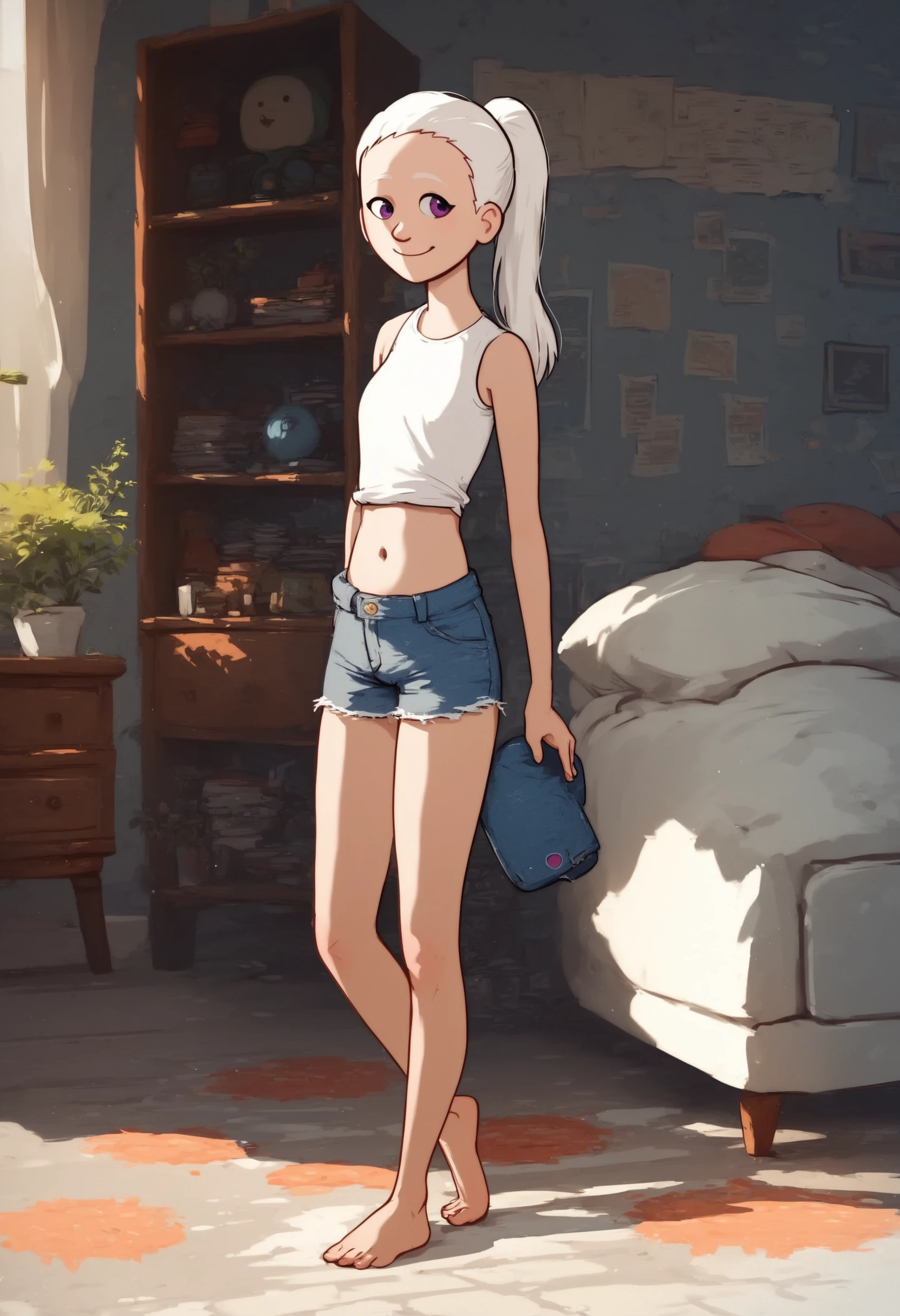 score_9, score_8_up, score_7_up, score_6_up, score_5_up,  1girl, solo, full body,
<lora:Lulu (Storybooth):0.9> Lulu_Storybooth, albino, ponytail, purple eyes, smile, (denim shorts, cutoff shorts), standing, navel, midriff,
indoors, detailed background,
<lora:Expressive_H:0.7> Expressiveh,
<lora:add-detail-xl:0.9>
<lora:light:1> neolight