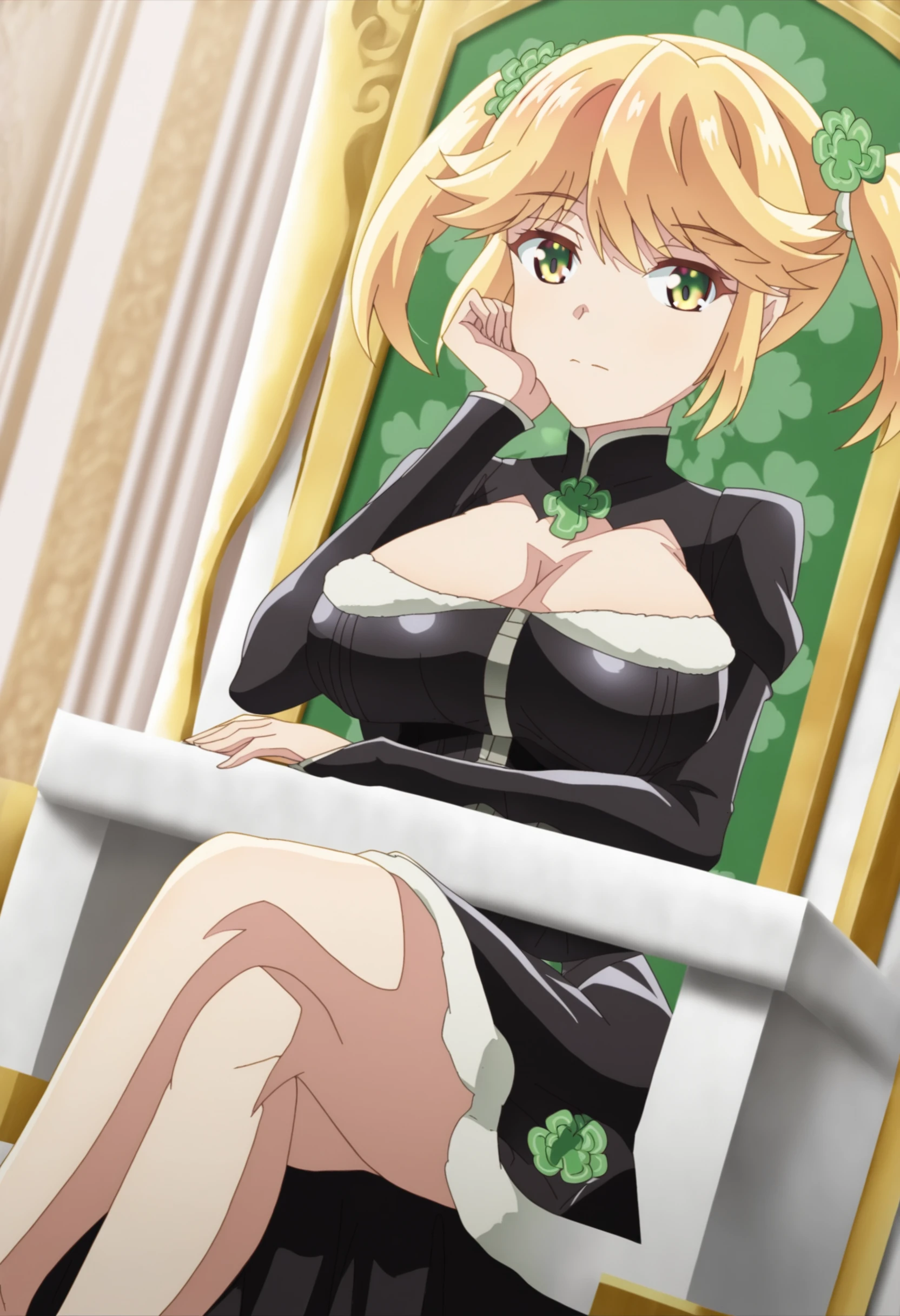 <lora:Tarte - [The Worlds Finest Assassin] - Pony v1:1>, sysdeep_tarte, solo, breasts, short hair, large breasts, closed mouth,twintails, clover hair ornament, sitting, throne, indoors, crossed legs, black dress, latex dress, head rest, cleavage