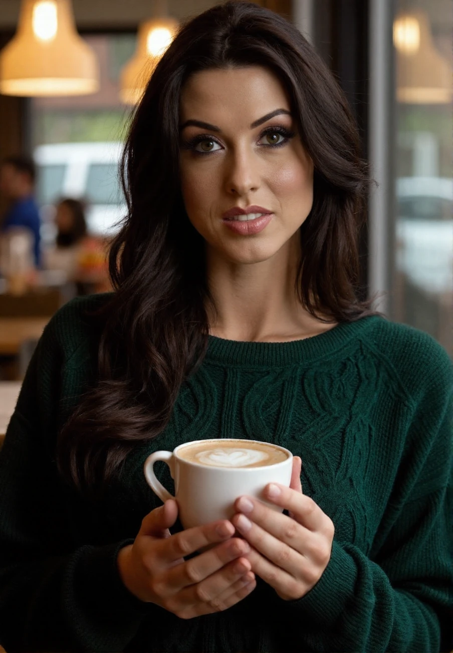 A professional photograph of a dark-haired young woman, Alice_Goodwin, wearing a dark green cable-knit sweater, holding a latte in a cafe, detailed skin, bokeh, SFW<lora:Alice_Goodwin:1>