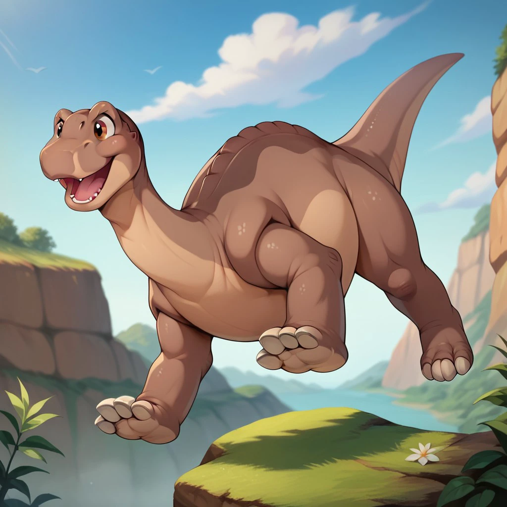 score_9, score_8_up, score_7_up, score_6_up, score_5_up, score_4_up, source_furry, littlefootlbtv2, feral, male, Apatosaurus, scalie, dinosaur, sauropod, brown skin, red-brown eyes, outside, happy, jumping, <lora:d52f8b35-28c4-4ade-b09c-1f0eba5562f2:0.7>