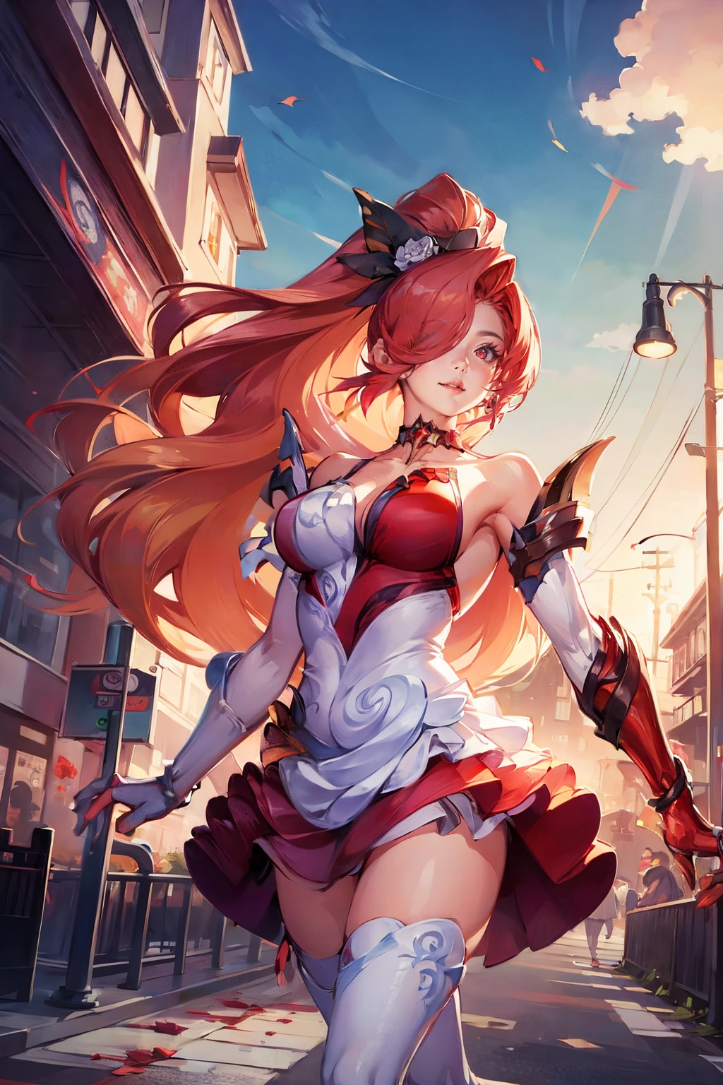 <lora:Mina_Bloodthirsty_AoV_Model_LoRA:0.8>, Mina_Bloodthirsty, 1girl, long hair, ponytail, hair ornament, hair flower, hair over one eye, red hair, blonde hair, earrings, red eyes, nose, red lips, parted lips, choker, red choker, bare shoulders, breasts, large breasts, strapless, strapless dress, dress, red dress, gloves, elbow gloves, skirt, legs, thighhighs, white thighhighs, thigh boots, boots, high heels, flower
, upper body
, outdoors, sky, day, cloud, blue sky, building, scenery, sign, road, lamppost, street, road sign, traffic light, crosswalk, best quality, ultra high res, (photorealistic:1.4), masterpiece, real life skin, hyper real