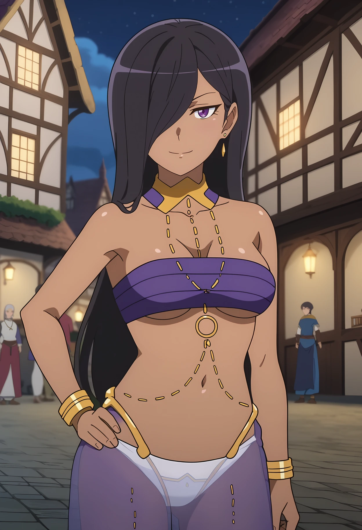 score_7_up, anime screencap,
<lora:DanMachi_AishaBelkaXL:0.9>,
1girl, solo, closed mouth, light smile,
dark skin, long hair, black hair, hair over one eye, purple eyes, earrings,
AishaMain, neck ring, necklace, o-ring, purple bandeau, medium breasts, bracelet, harem pants, see-through, white panties, purple pants,
hand on own hip, standing, looking at viewer,
night, dark, town, medieval, blurry background