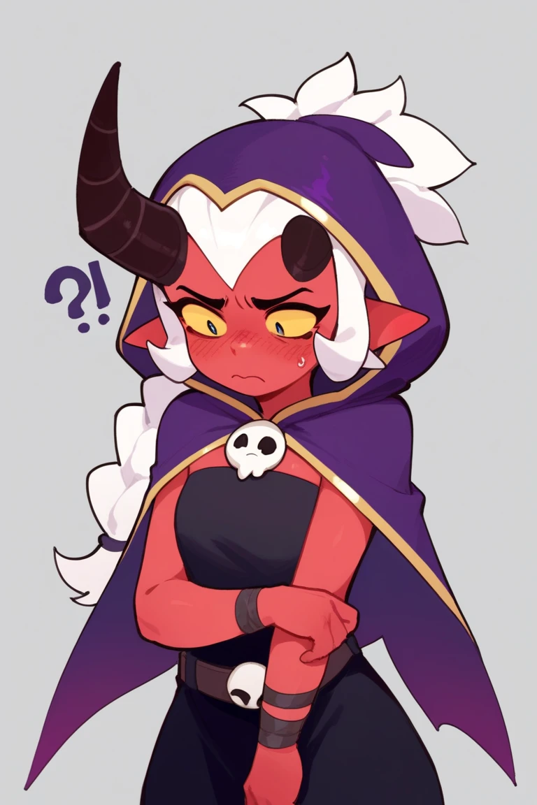 A woman with dark skin and long, pointed black nails. She wears a horse skull with bull horns as a mask, and a purple cape with gray and black adornments. The cape is like a cloak, covering the back and the right and left sides of the body. He also wears a dark gray cloth skirt with 6 purple dots, covering his entire hip. His torso is exposed, revealing a muscular body. Her chest is covered in a dark gray cloth with a magical rune printed on it. She is elegantly sitting on the roots of a tree, looking at her hand. In her hand, a transparent white magical pentagram is floating.