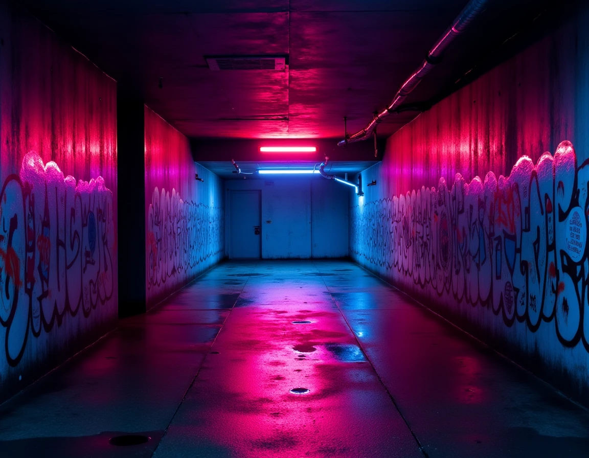 dark liminal tunnel crossing magenta and cyan illumiated with graffiti walls, wet concrete, widescreen