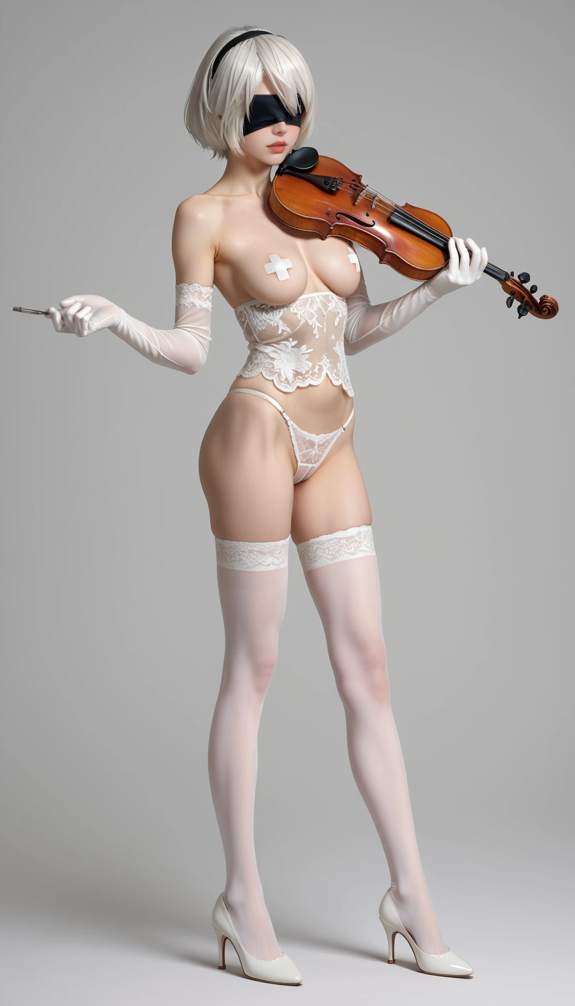 1girl, high heels, white hair, stand, score_9, score_8_up, score_7_up, 2b_(nier:automata), nier_(series),blindfold, lingerie, panties, pasties, see-through, pantyhose, lace elbow gloves,
anime, source_anime, photoshoot ,Expressiveh,  
playing violin, violin,  <lora:violin-without-bow-pony:0.64>