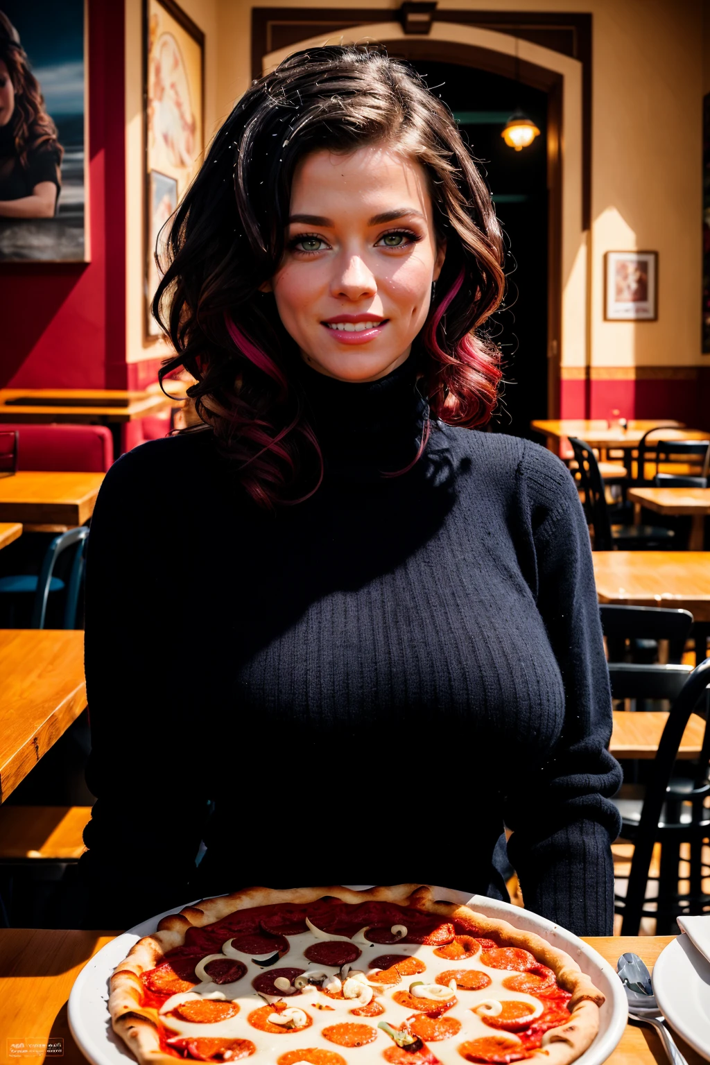 masterpiece, high resolution, cinematic, absurdres, photorealistic, realistic. portrait, peta, peta jensen, <lora:peta_jensen_LoRA_0.1-000004:1>, erotic smile, wavy long __natural-haircolors__ hair, wearing a __colours__ turtleneck jumper, large breasts, <lora:brmphFT15_p0-step00021000a:0.8>, brmph, at a pizzeria in Rome