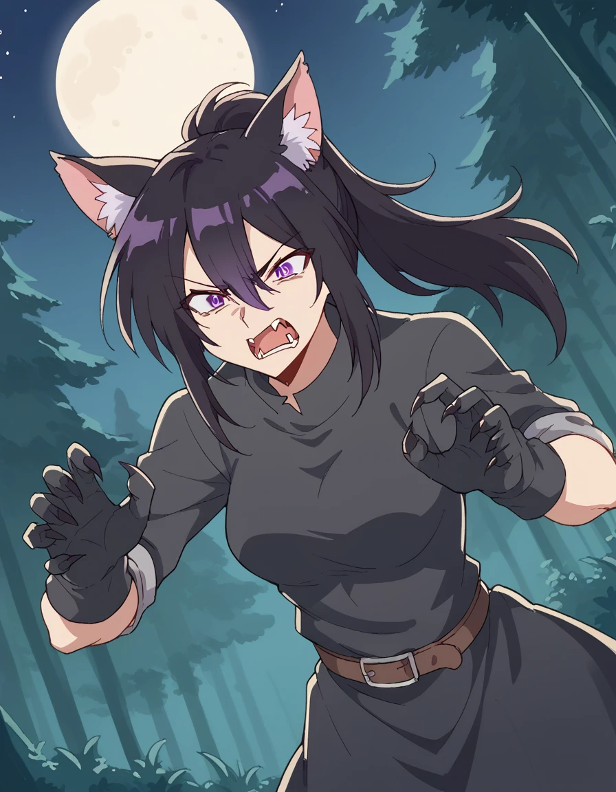 score_9, score_8_up, score_7_up, source_anime, <lora:motoko-izumi-s1-ponyxl-lora-nochekaiser:1>, motoko izumi, long hair, black hair, hair between eyes, purple eyes, ponytail, medium breasts,, <lora:werewolf-ponyxl-lora-nochekaiser:1>, werewolf, furry, fangs, animal ears, gloves, angry, teeth, animal ear fluff,, forest, night, moon, open mouth, , dutch angle, cowboy shot