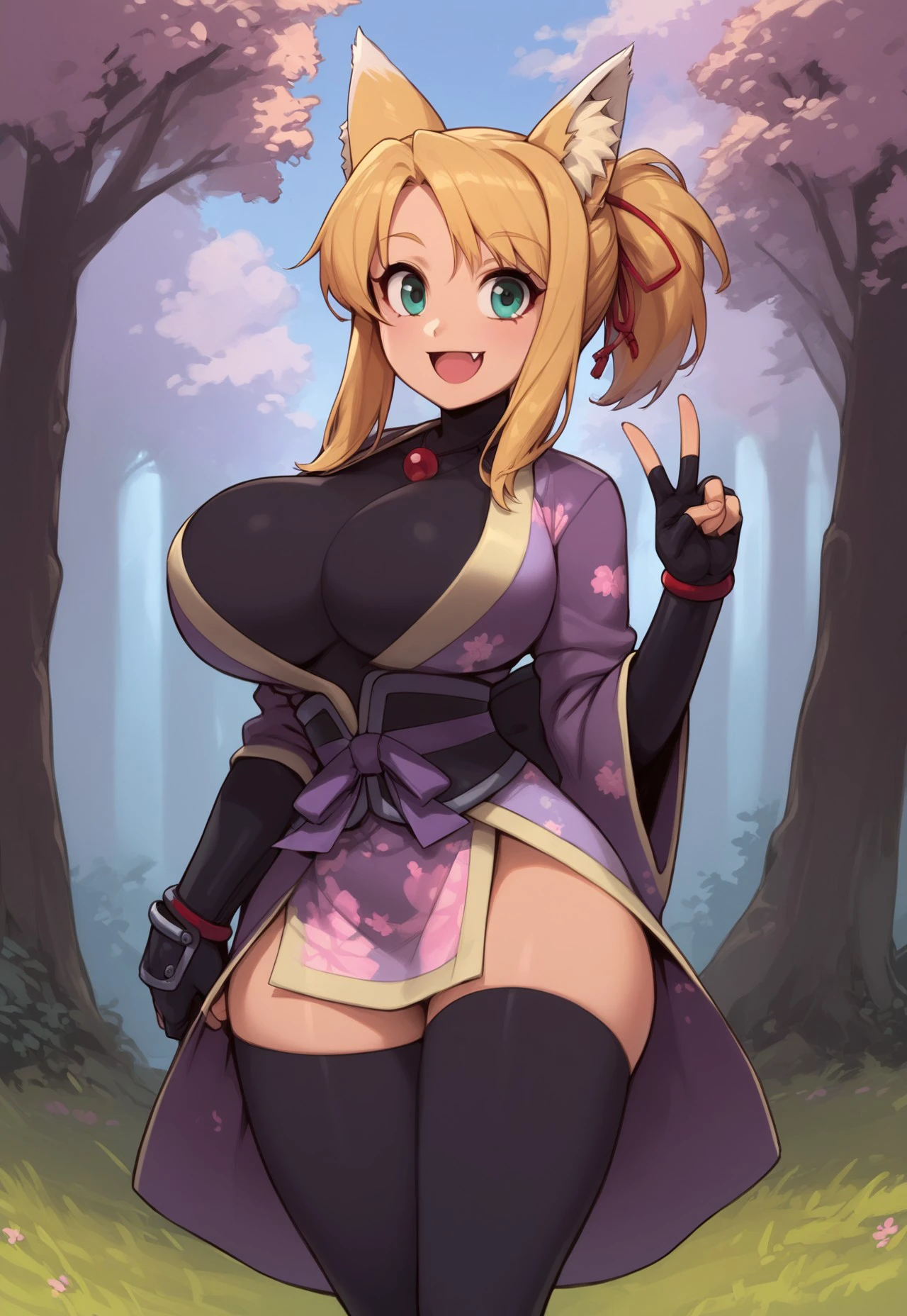 masterpiece, best quality, highly detailed, score_9, score_8_up, score_7_up, source_anime, girls only, no men, shiny, slim body, fit body, aesthetic body, thick thighs, huge breasts, yukikaze panettone, green eyes, blonde hair, fox ears, fox tail, japanese clothes, fingerless gloves, black thighhighs, standing in forest, smile, peace sign, fang