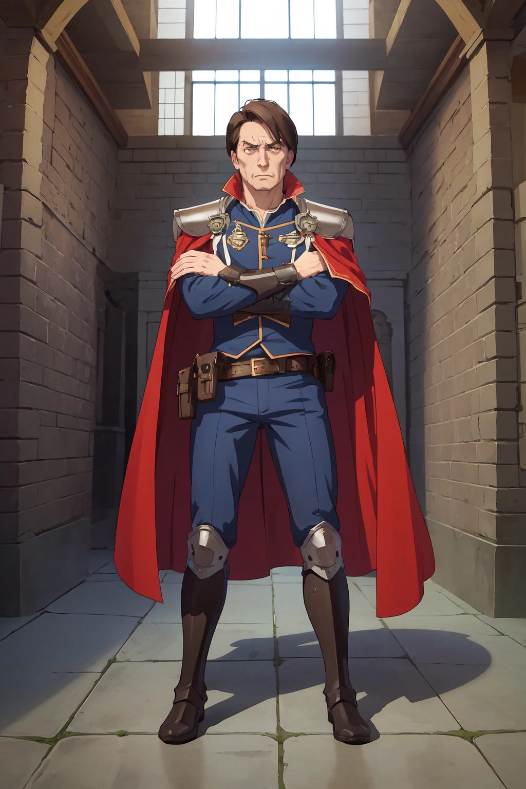 masterpiece,best quality,1boy,heinrixvcrt,<lora:HeinrixVCRT15-000001:0.7>,brown hair,short hair,armor,red cape,pants, standing,crossed arms,boots,full body,scowling,facing viewer,indoors,castle,stone walls,holster,straight on