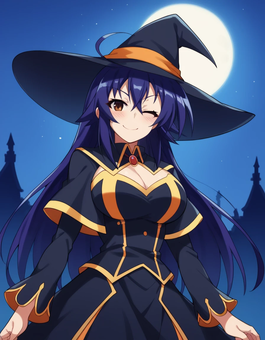 score_9, score_8_up, score_7_up, source_anime, <lora:medaka-kurokami-s2-ponyxl-lora-nochekaiser:1>, medaka kurokami, long hair, large breasts, blue hair, ahoge, brown eyes,, <lora:witch-ponyxl-lora-nochekaiser:1>, witch, hat, witch hat, dress, halloween, halloween costume, jewelry,, night, moon, blush, smile, one eye closed,, , dutch angle, cowboy shot