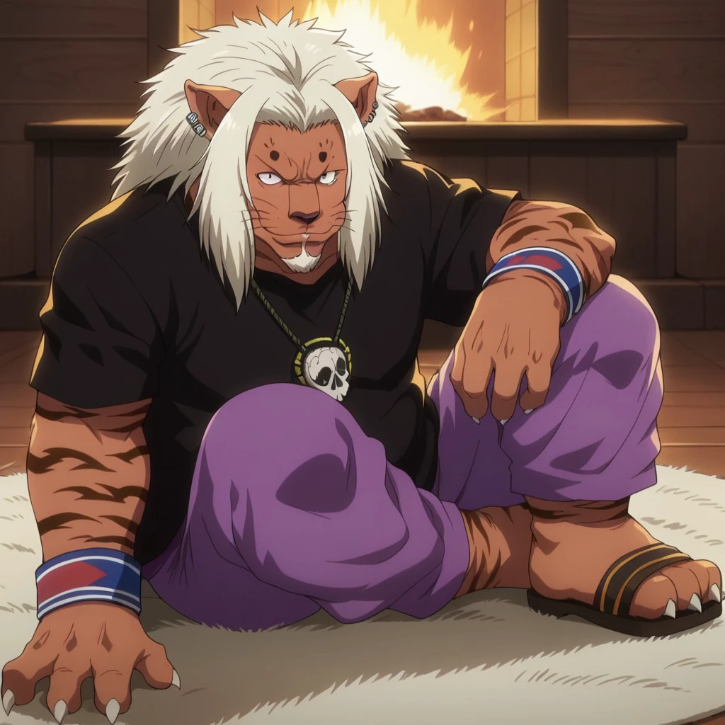 1boy, backlight, detail background, anthro tiger, masculine, long white hair, mane, whiskers, pointed ears, short white beard, big eyes, black eyes, wide and flattened nose, wide body, big body, fat, wide arms, 4 fingers, 3 toes, black dot eyes, white claws on fingers and toes, orange body/fur, plump body, overweight, fat, two tone body/fur, tiger striped skin on the arms, tiger-striped skin on legs, Expressiveh, dof, black short sleeve t-shirt, necklace with a large circular skull pendant, striped blue bracelets with red details on both wrists, purple shorts, simple brown sandals, living room background, wooden walls, fireplace, resting head in hands, arm support, on side, on white rug, looking at viewer, grinning, half closed eyes, seductive, speedo, sexy pose,