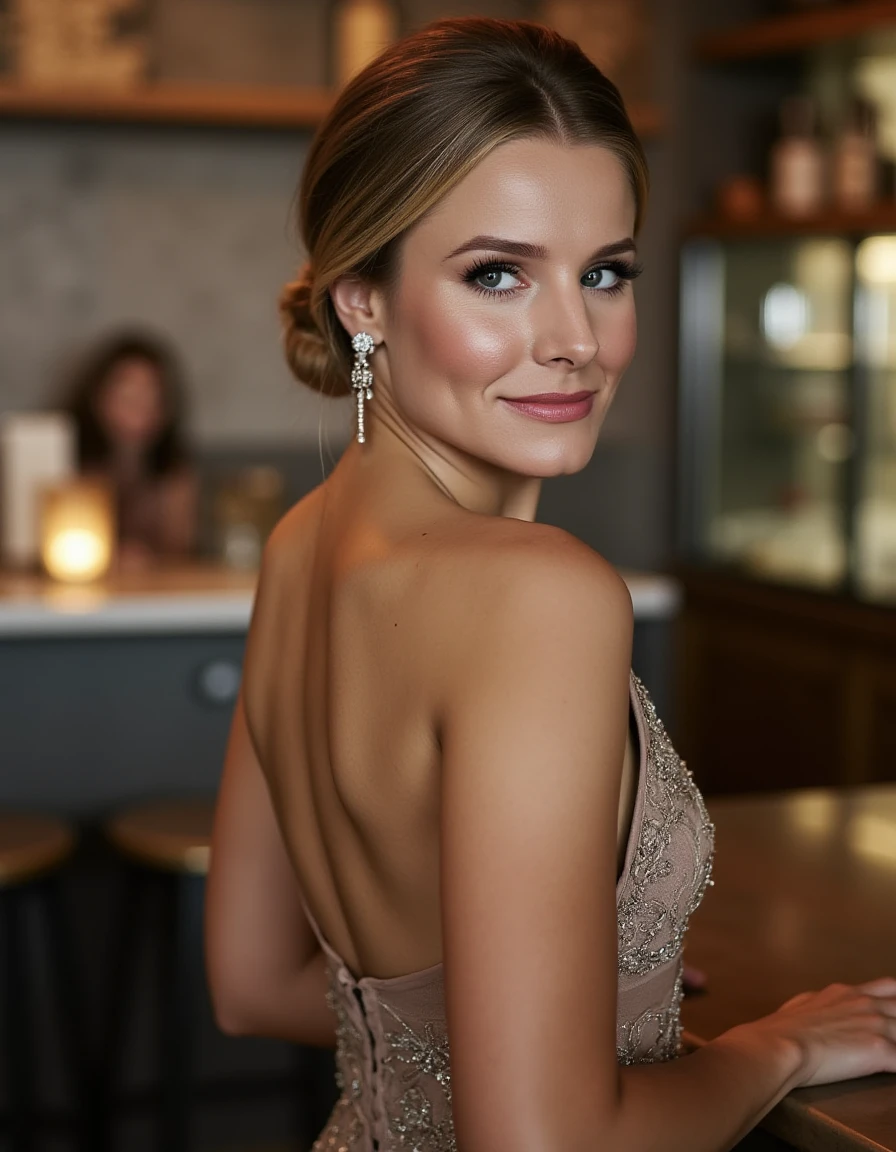 <lora:Kristen_Bell_Flux:1>  beautiful detailed photograph,  hair tied back in a bun, wearing an elegant  formfitting dress, makeup, standing in cafe, looking at the viewer, smile