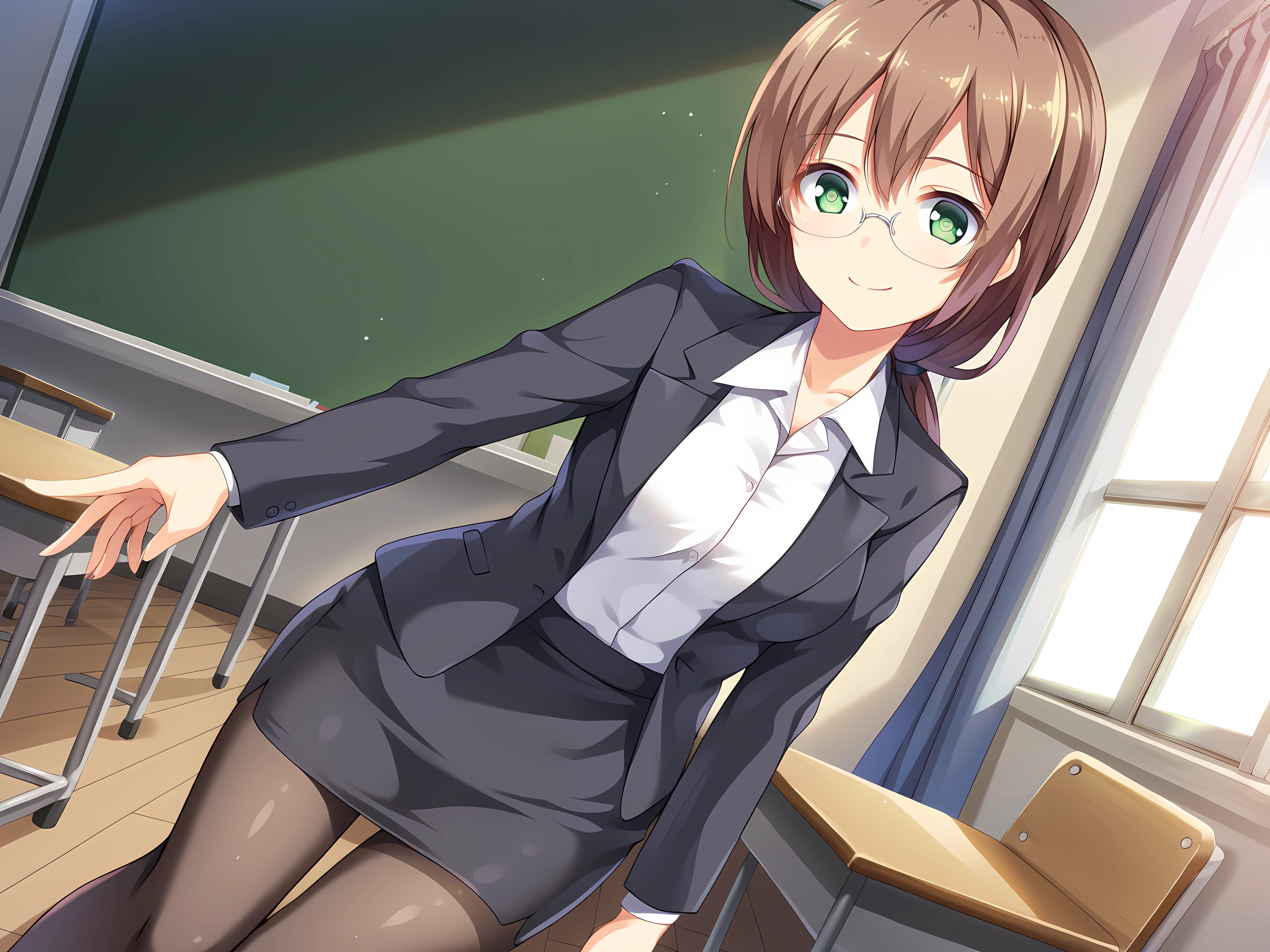 <lora:ESCUDE_-_Yamizome_Revenger_-_All_in_One:1>,escude,fein,1girl,solo,pantyhose,skirt,brown hair,long hair,glasses,pencil skirt,office lady,jacket,green eyes,breasts,smile,shirt,formal,suit,white shirt,black pantyhose,black footwear,standing,high heels,black jacket,long sleeves,black skirt,skirt suit,dress shirt,indoors,classroom,chalkboard,window,dappled sunlight,low ponytail,, score_9, score_8_up, score_7_up,source_anime,(masterpiece),(best quality),(ultra-detailed),(best illustration),(best shadow),(absurdres),(detailed background),(very aesthetic),source_anime