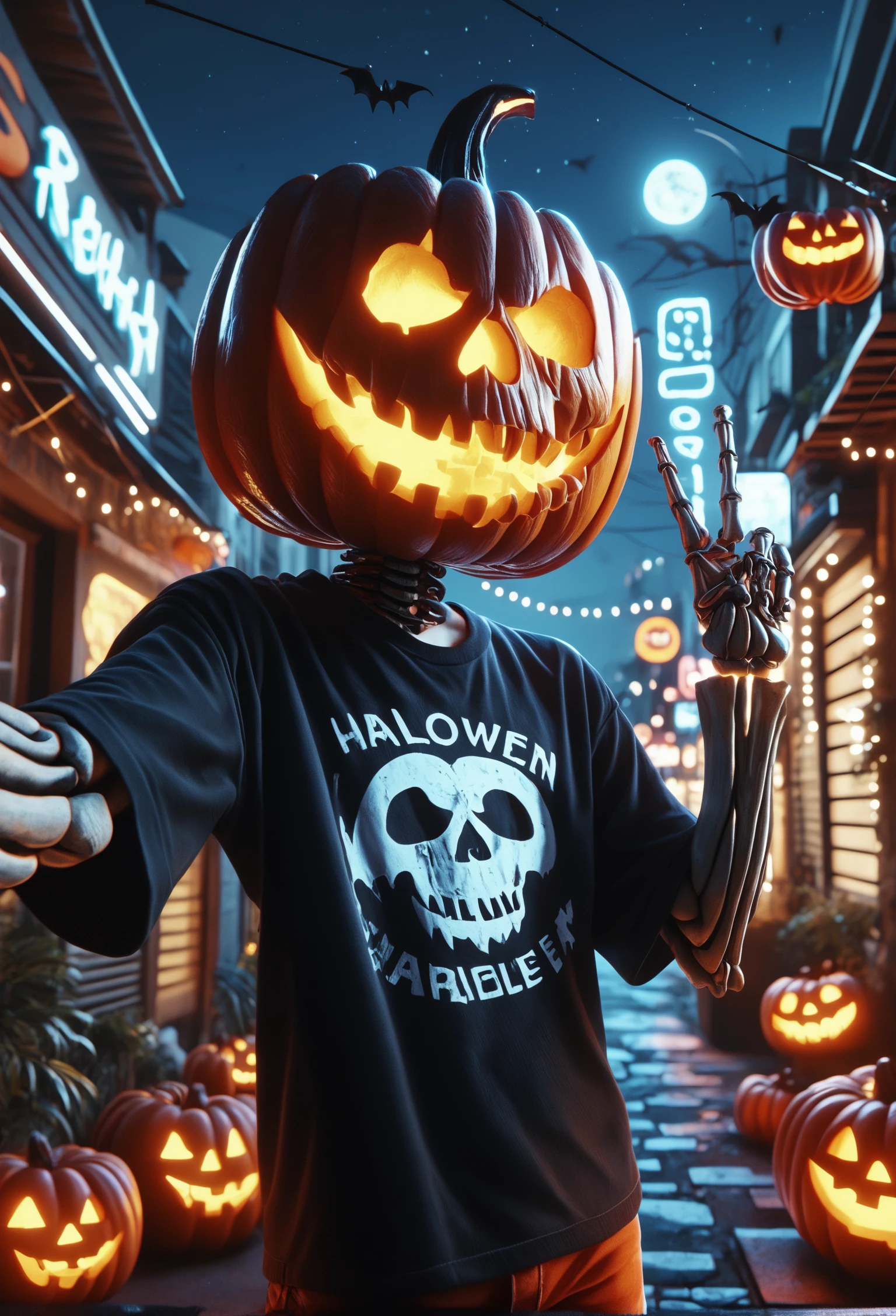 score_9, score_8_up, score_7_up, Skel-o'-lantern, many jack-o'-lantern, decorations, halloween, no humans, selfie, V sign, t-shirt, shorts, camera flash, night, bats, street, neon lights, night, neon sign, glowing eyes, glowing mouth,, <lora:Skel-o'-lantern_v2:1.0>