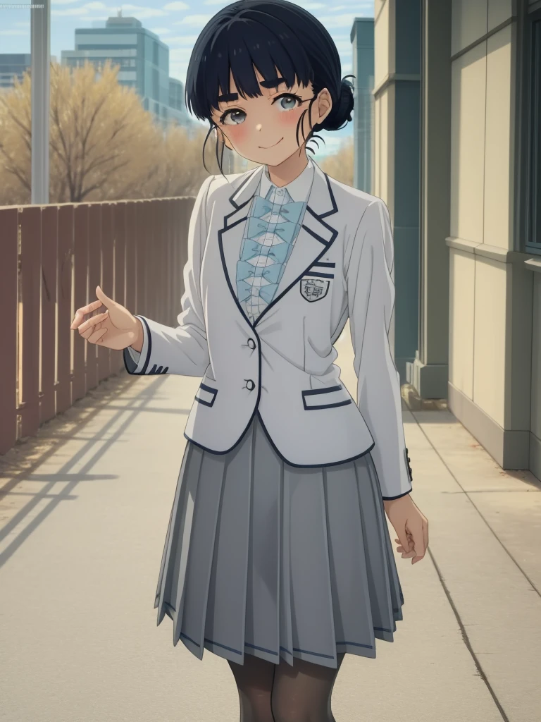 ((masterpiece)),(best quality),official art,extremely delicate and beautiful,extremely detailed CG,unity 8k wallpaper,ultra detailed,beautiful detailed eyes,extremely detailed face,outdoors,1girl,solo,cowboy shot,looking at viewer,facing viewer,smile,blush,Basori Tiara,short hair,black hair,single hair bun,blunt bangs,grey eyes,blue bowtie,school uniform,grey jacket,blazer,collared shirt,dress shirt,white shirt,long sleeves,small breasts,grey skirt,pleated skirt,black pantyhose,uwabaki,white footwear,<lora:Basori Tiara(tmlh):1.8>,