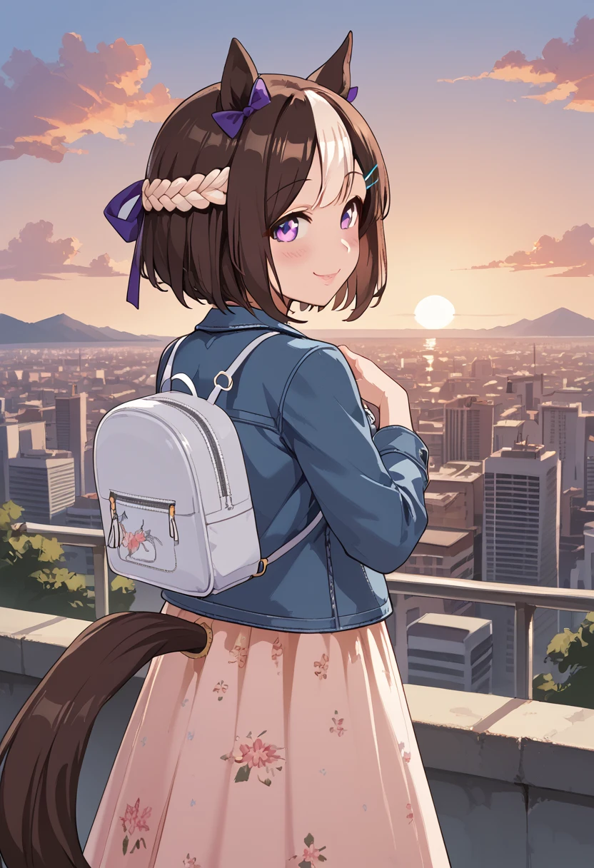 <lora:Special_Week_v2.0_Cibitai:0.8>,UMASW,horse ears,horse tail,purple eyes,hair bow,short hair,crown braid,brown hair,two-tone hair,multicolored hair,CASUA7,dress with a floral pattern,denim jacket,backpack,hairclip,city, from behind,sunset,looking back, smile,blush,looking at viewer,hand on own chest, score_9, score_8_up, score_7_up,source_anime