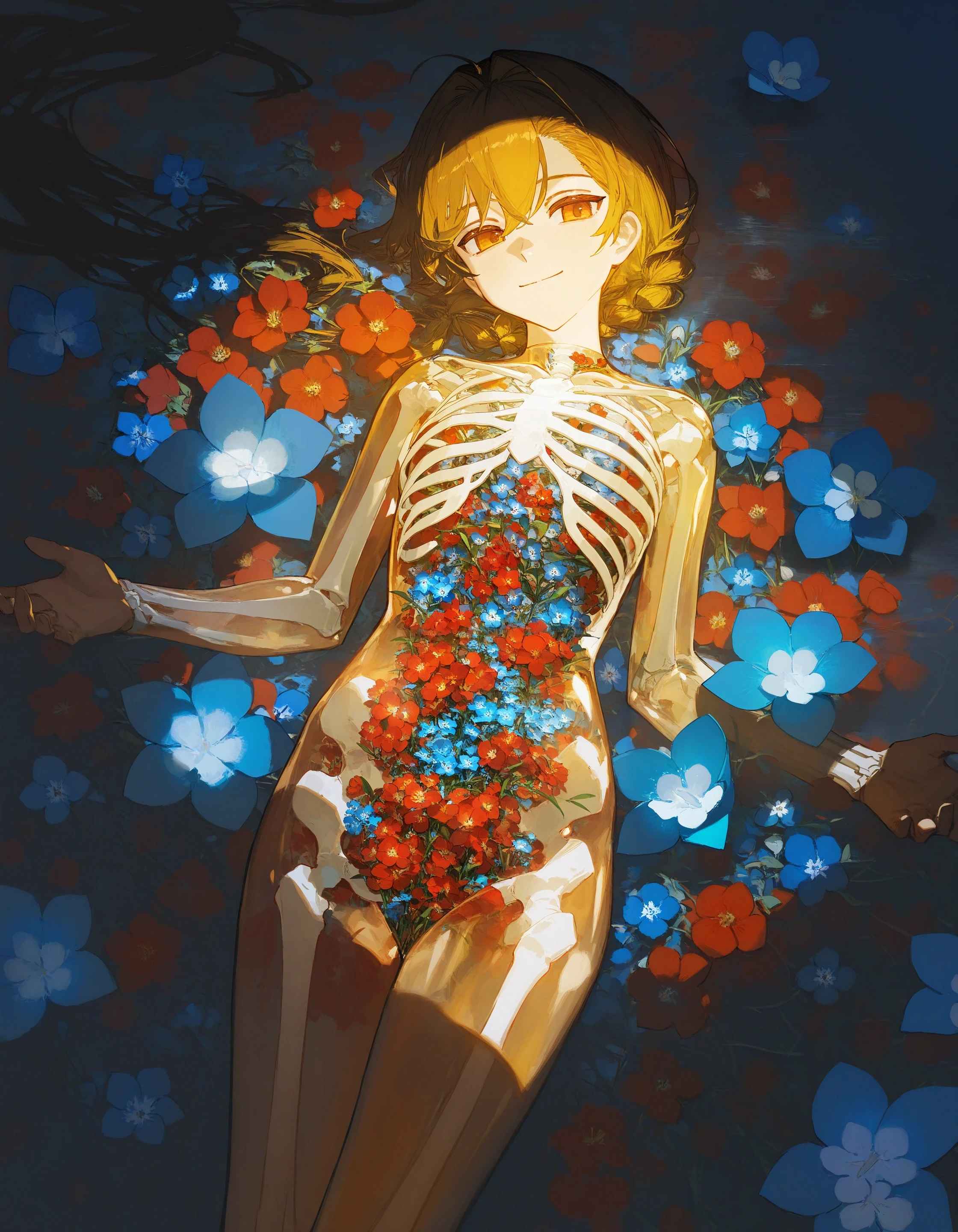 masterpiece, newest,
official art, reoren, xilmo, (ciloranko:0.8),
1girl, see-through body, flowers inside body, smile, ribs,
red flower, blue flower, orchid
<lora:concept_hollowbody-ill_1:1>