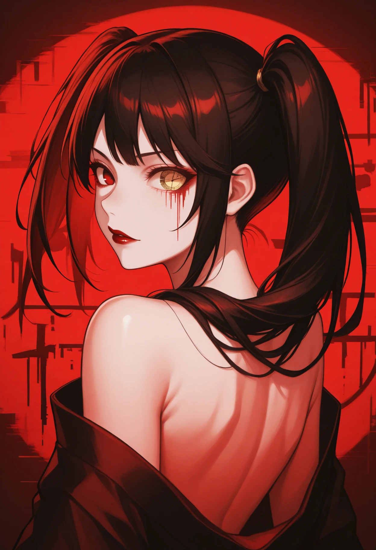 masterpiece, best quality, 1girl, solo, TkskKrmi, black hair, long hair, uneven twintails, heterochromia, red eye, yellow eye, clock eyes, poster art, looking back, shoulder blades, red lips, ink, abstract, collage, (random textures, random graffiti, kanji characters, glitch effect:1.2), red and black color palette, soft lighting, kimono, limited palette, red theme, dark theme, <lora:ChamKurumiIllustriousXL:1>, <lora:richyrichmix-style-richy-v1_pdxl_1:1>