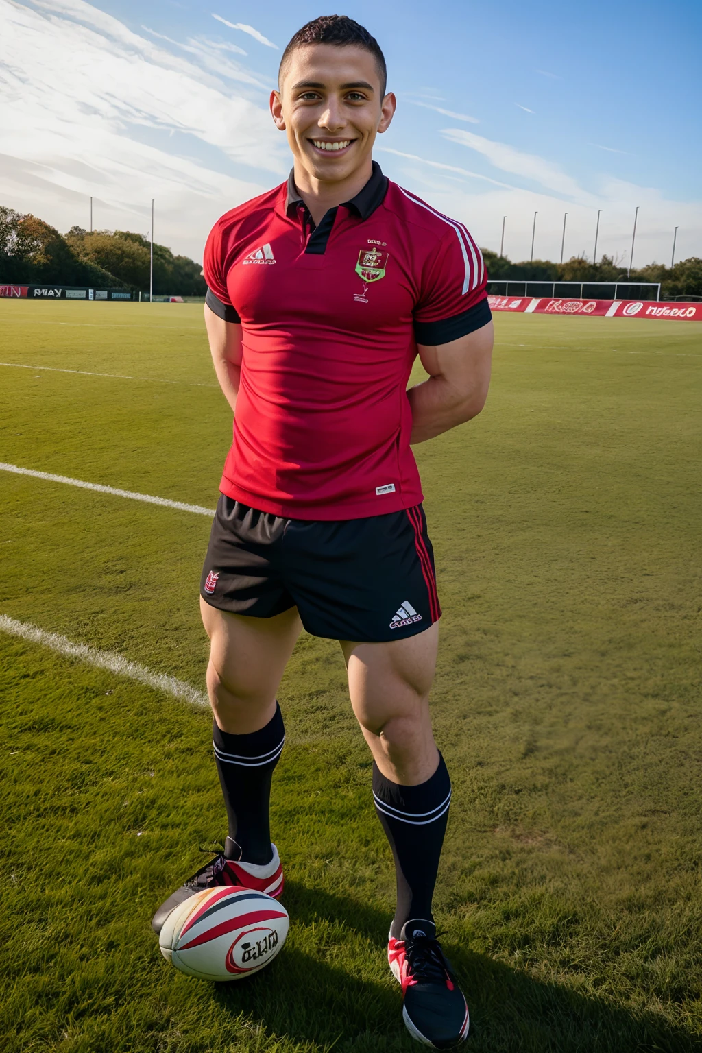 (grass rugby field), standing, smiling, DanteMartin, wearing red and black rugby uniform, red jersey with black trim, black shorts, red socks, black sneakers, arms folded, rugby ball, (((full body portrait))), wide angle  <lora:DanteMartin:0.8>