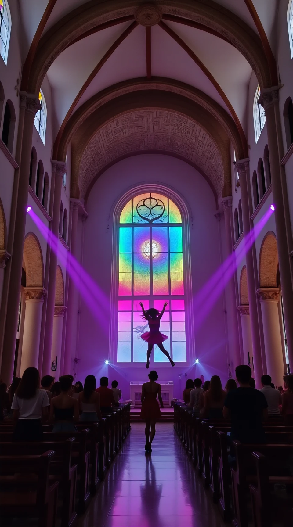 A photo from inside the church, impressive and realistic, from different angles, (side view:2), There are disco lights inside, the atmosphere is bright with disco colors, people are dancing and having fun, euginai dancing by jumping, sexy dress (euginai: 1)