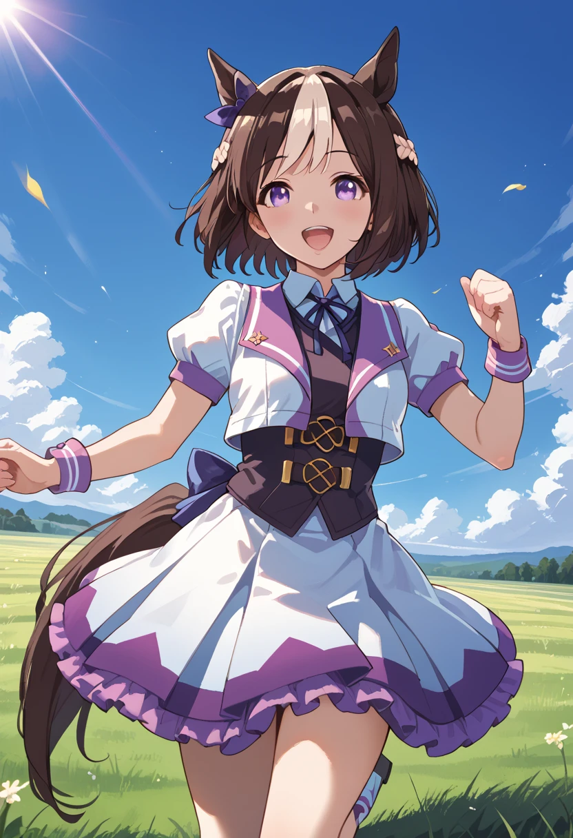 <lora:Special_Week_v2.0_Cibitai:0.8>,UMASW,horse ears,horse tail,purple eyes,hair bow,short hair,crown braid,brown hair,two-tone hair,multicolored hair,R4CE,white jacket,open jacket,vest,skirt,short sleeves,puffy sleeves,bow on back waist,grassfield,blue sky, sunlight,wind,running, score_9, score_8_up, score_7_up,source_anime, cinematic lighting,shadow,light particles,chromatic aberration