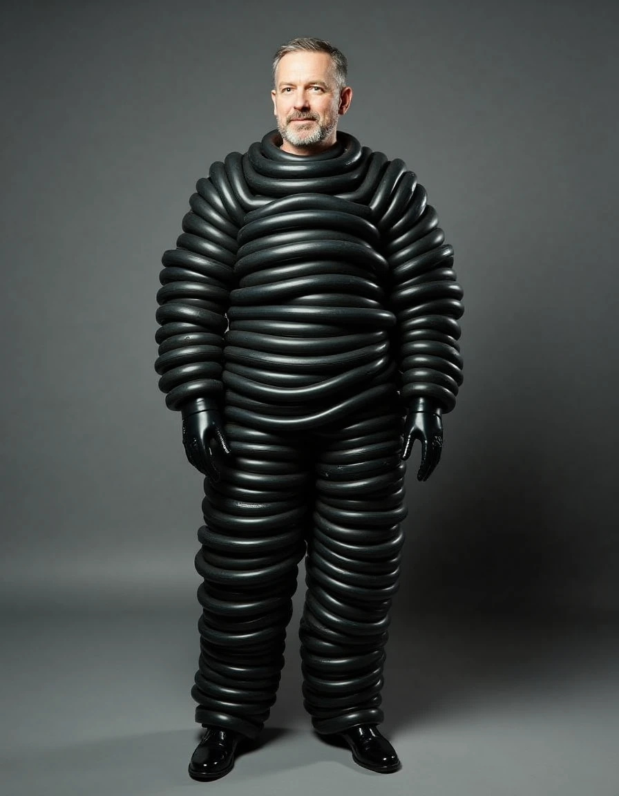 a man wearing a business suit made from inner tubes