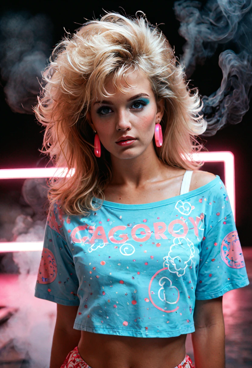 score_9, score_8_up, score_7_up, 80s-babes, (cinematic) lighting, closeup, steam, fog, smoke, 80s hair, poufy hair, big hair,  off shoulder shirt, geometric print shirt, neon shirt, (dark), ((neon light)), (pink light), (blue light), sidelight, backlight, blonde hair, film grain polaroid, legacy media , high contrast, earrings, 80s makeup <lora:80s-babes-pony:1.2>