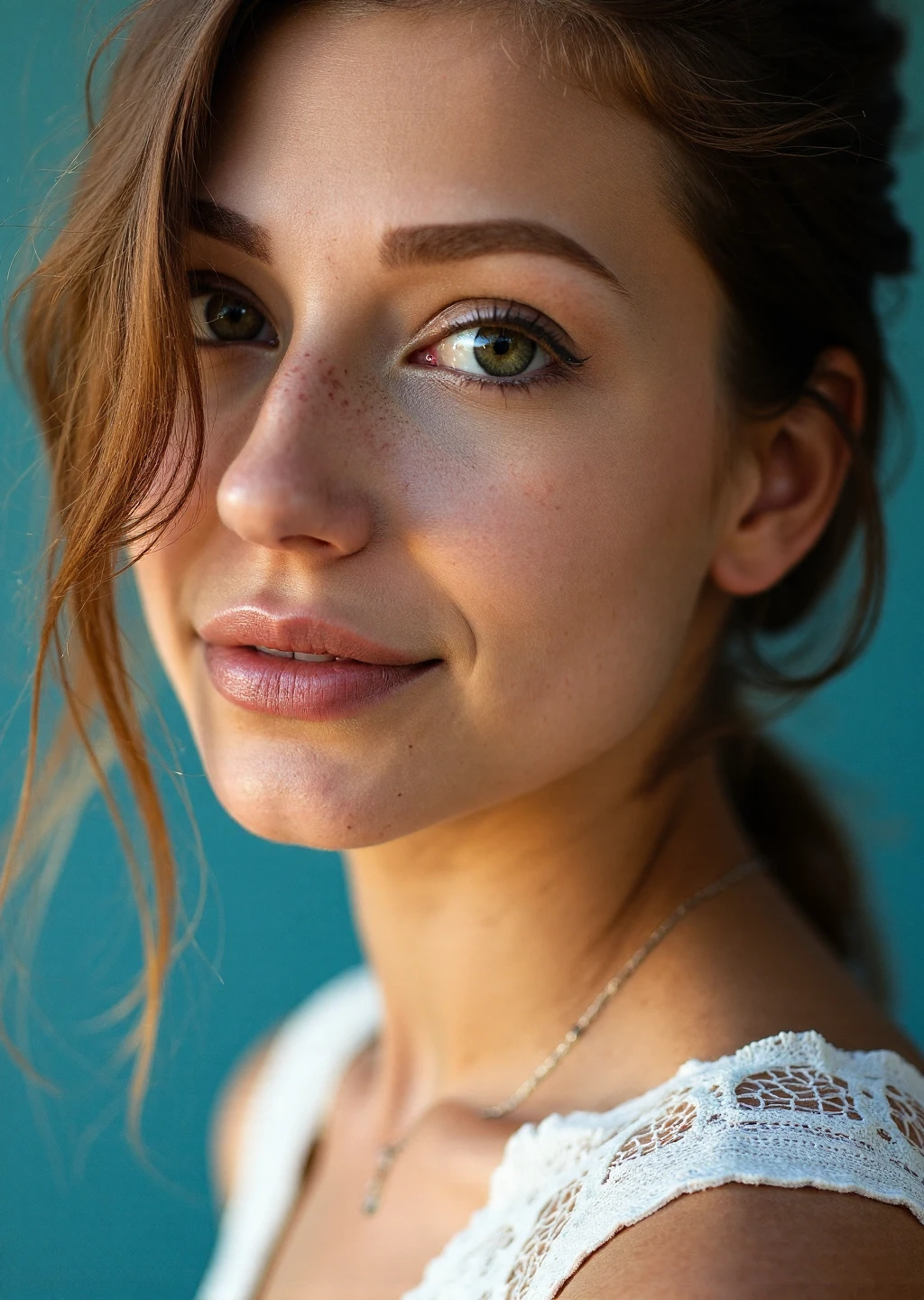 full-length photo, Portrait of a woman, soft diffused lighting, teal blue background, warm color palette, shallow depth of field, medium close-up composition, studio photography, high-resolution detail, soft skin texture, delicate white lace garment, wispy flyaway hair strands, professional beauty photography, 85mm lens, soft glamour lighting. Inspiration: Ryan McGinley, Guy Aroch. Avantgarde, bold, intriguing, artsy.