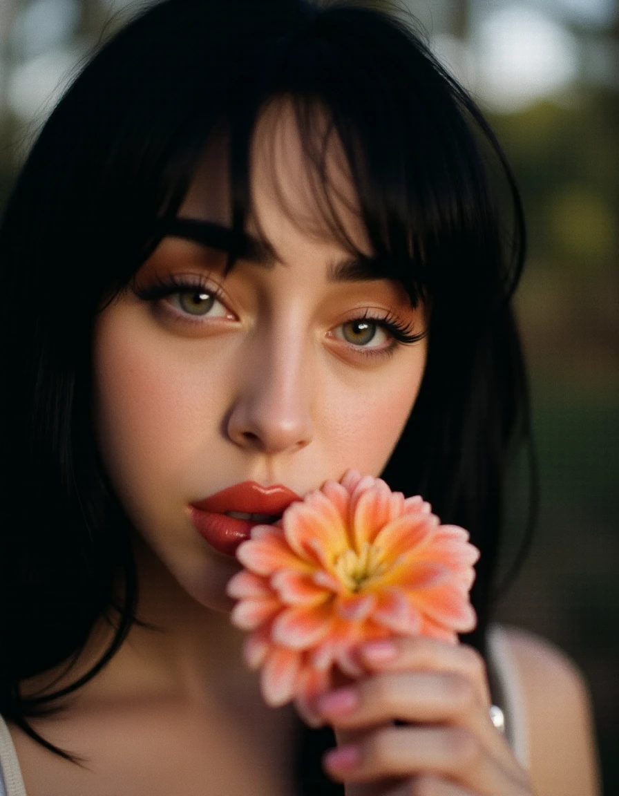 nicki nicole 1girl, solo, looking at viewer, black hair, holding, flower, parted lips, blurry, lips, makeup, blurry background, portrait, realistic <lora:nici_13:1.5>, RAW candid cinema, 16mm, color graded portra 400 film, remarkable color, ultra realistic, textured skin, remarkable detailed pupils, realistic dull skin noise, visible skin detail, skin fuzz, dry skin, shot with cinematic camera