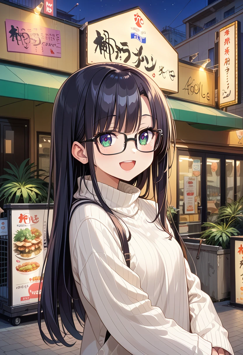 score_9, score_8_up, score_7_up, rating_safe, masterpiece, best quality, absurdres, unity 8k wallpaper, official art, official style, source_anime, uncensored, game cg, megami magazine,
1girl, solo, glasses, black hair, long hair, white ribbed sweater, happy, smile, looking at viewer, open mouth, solo focus, 
dai1asahi, storefront, outdoors, building, night, sign, real world location, city, tree, lamppost, road, plant, street, night sky, power lines, cityscape, neon lights, 
 <lora:daiichiasahi_sannomiya_pony_V1:1>