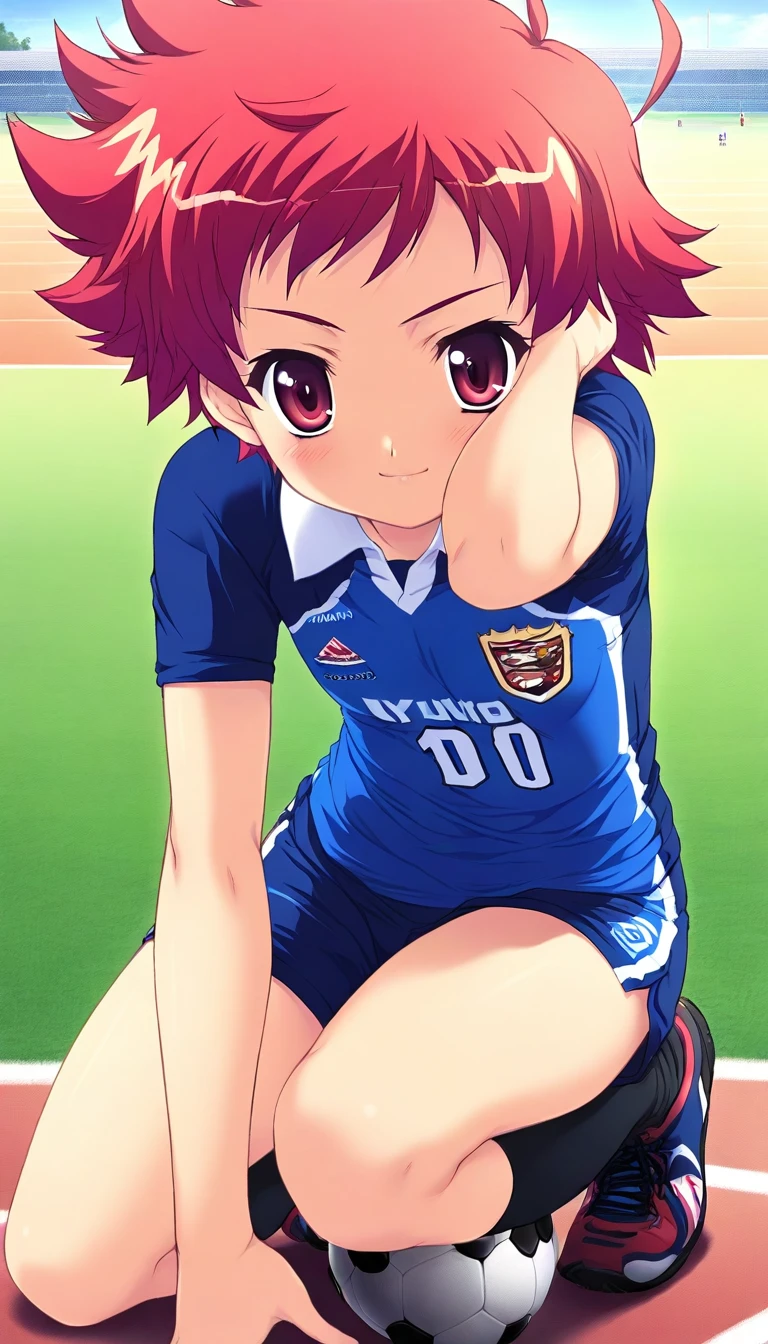 masterpiece, best quality, good quality, <lora:Tsurumi_Tsubasa_IS:0.9>TsurumiTsubasa, solo, short hair, red hair, red eyes,
soccer uniform,  ground. outdoor, sky,ã
serious face, light smile,