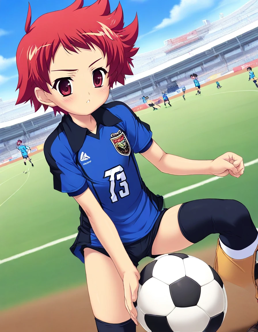 masterpiece, best quality, good quality, <lora:Tsurumi_Tsubasa_IS:1>TsurumiTsubasa, 1boy, solo, short hair, red hair, red eyes, slant eyes, 
soccer uniform, soccer play, soccer ball. ground. outdoor, sky, standing, Show less,ã
kick a soccer ball,
Show less